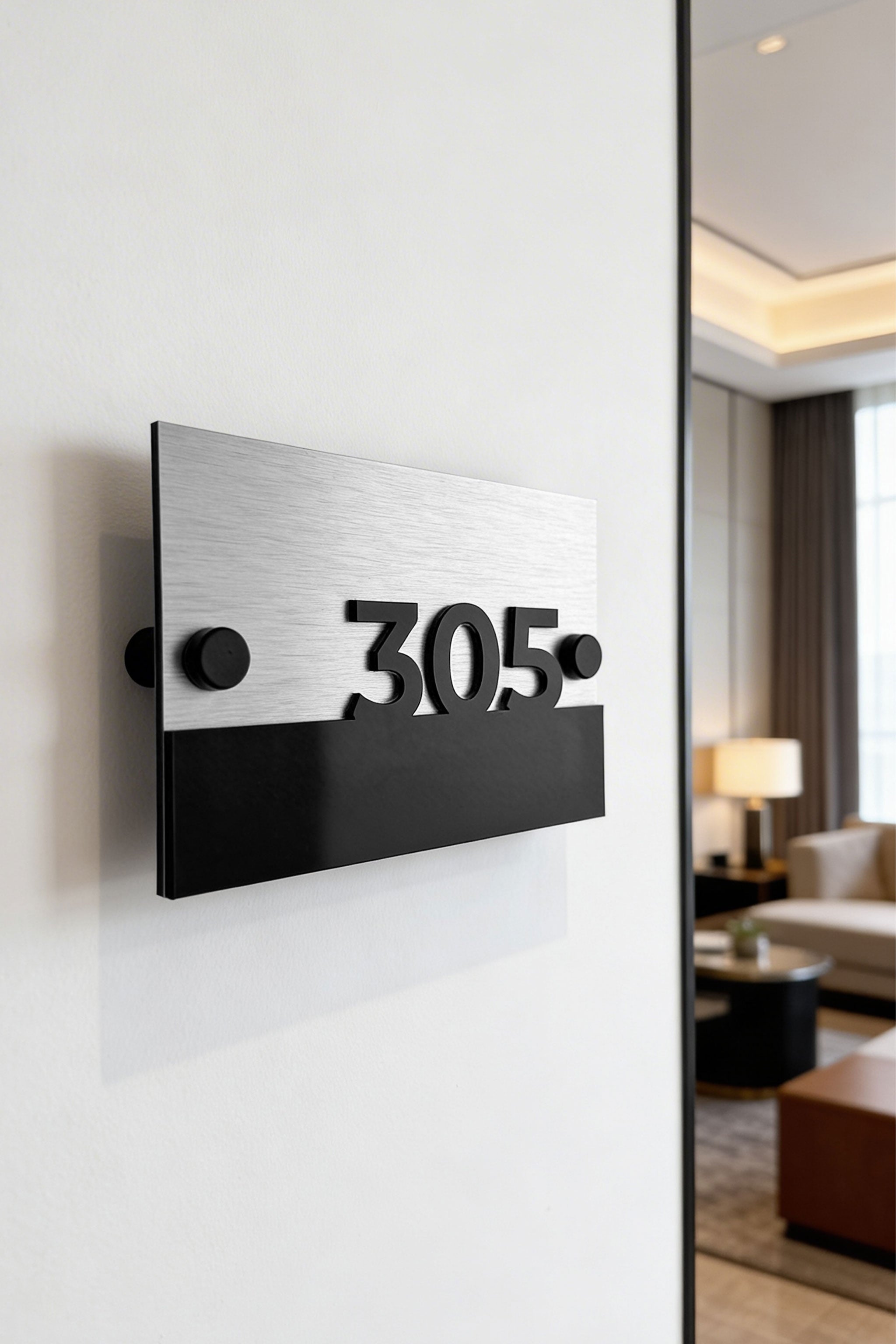 ALUMADESIGNCO Horizon Design standoff silver unit wall number sign with brushed silver metal plaque and raised 3D black acrylic numbers, modern hotel and apartment door signage