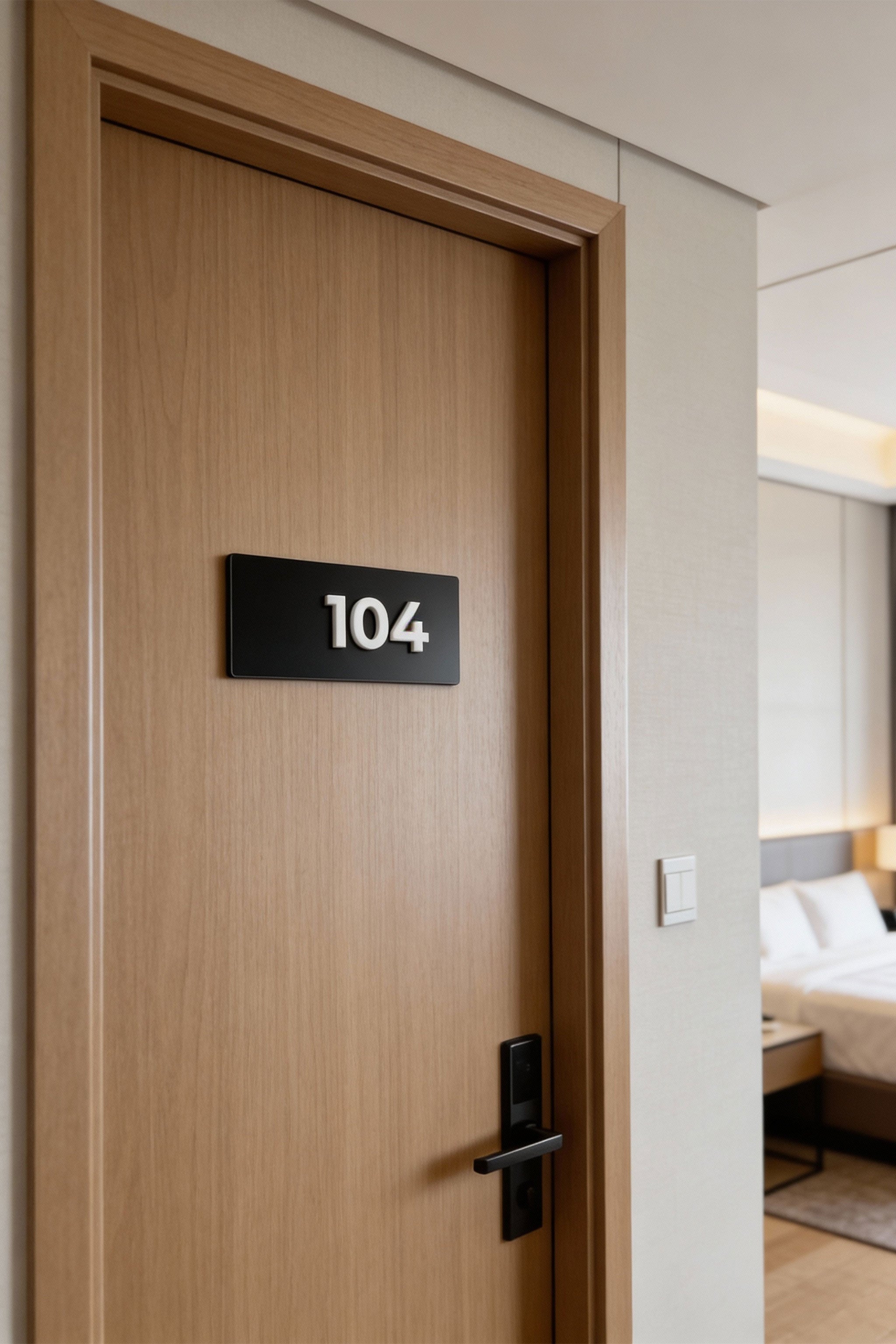 ALUMADESIGNCO custom suite number sign with black metal plaque and white acrylic numbers, modern door signage for hotel suites, apartments, Airbnb properties, and offices