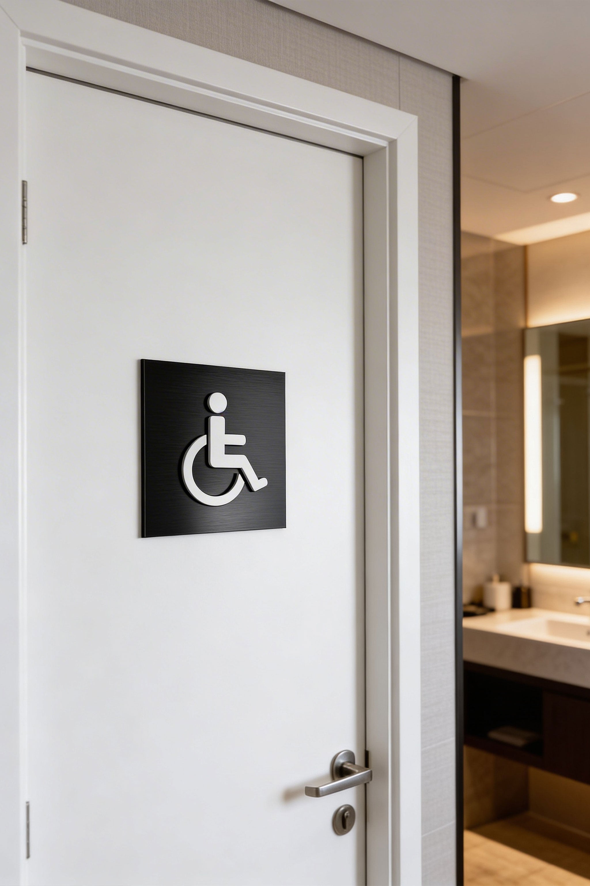 ALUMADESIGNCO wheelchair accessible restroom door sign with minimalist design, stylish bathroom signage for offices, hospitality spaces, and commercial buildings