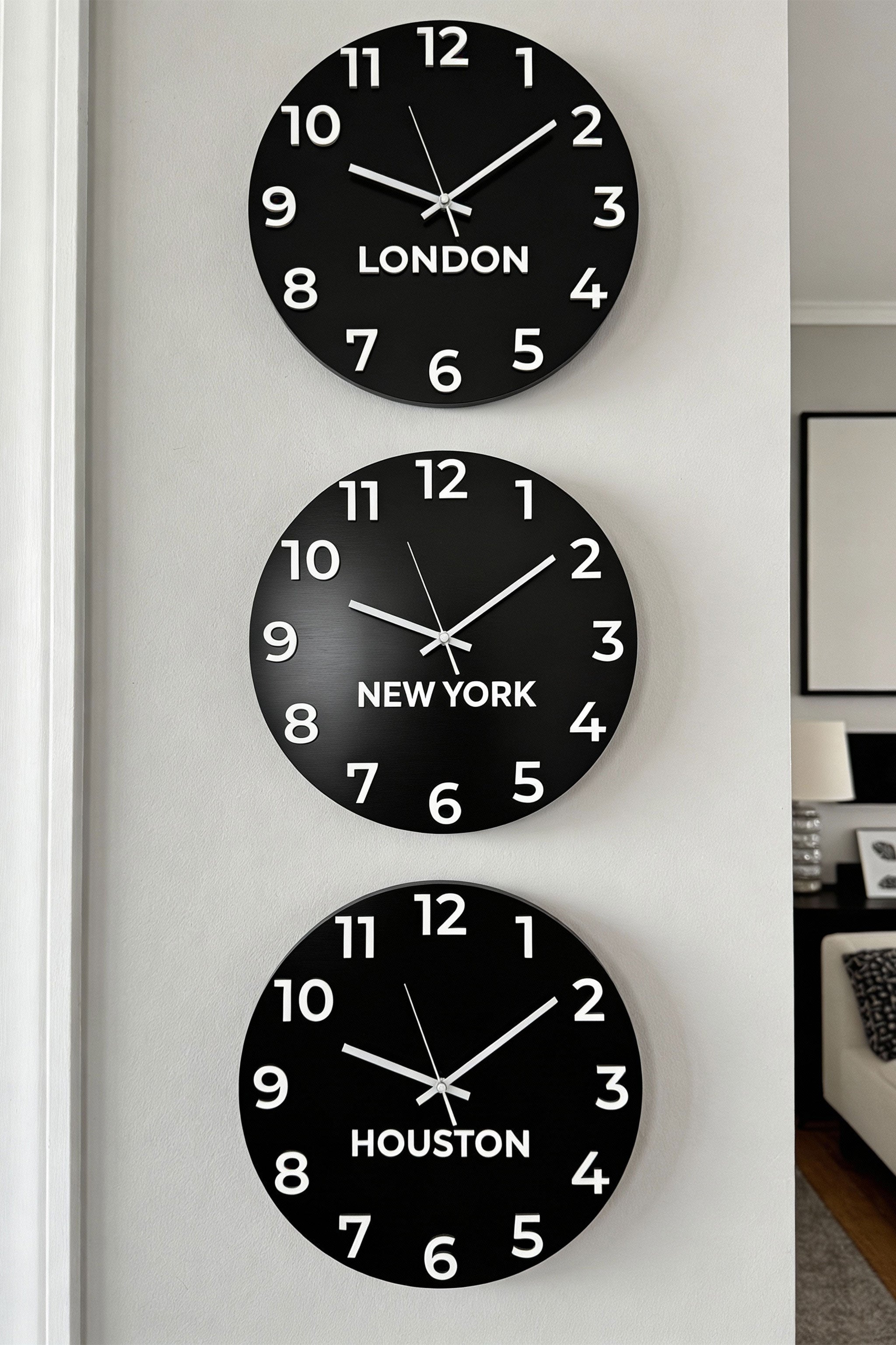 ALUMADESIGNCO customisable time zone wall clock with custom city names, modern wall décor for offices, hotels, studios, and contemporary interiors