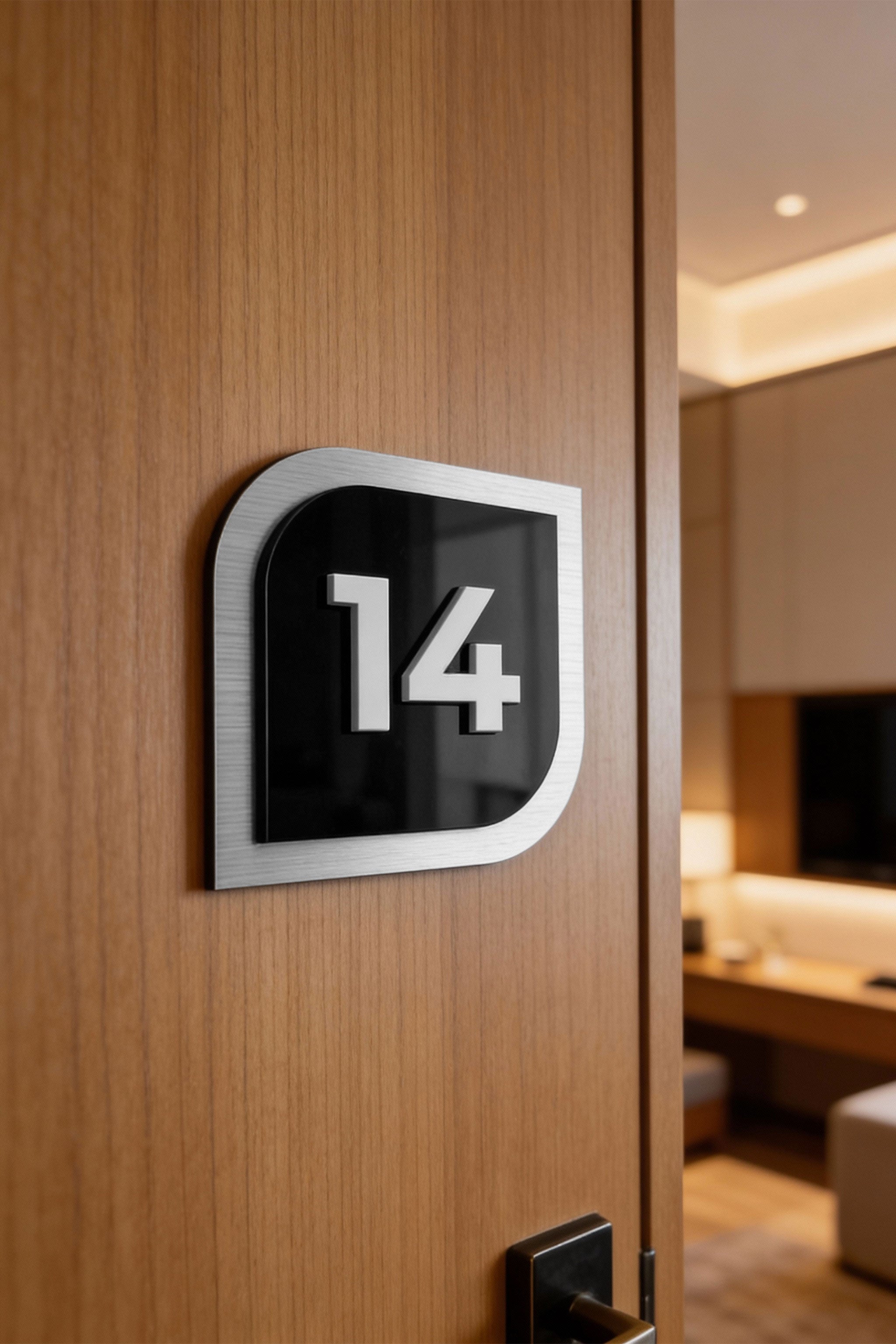 ALUMADESIGNCO 3D door number plate for hotel interior design with raised acrylic numbers, modern door signage for hotels, apartments, Airbnb properties, and offices