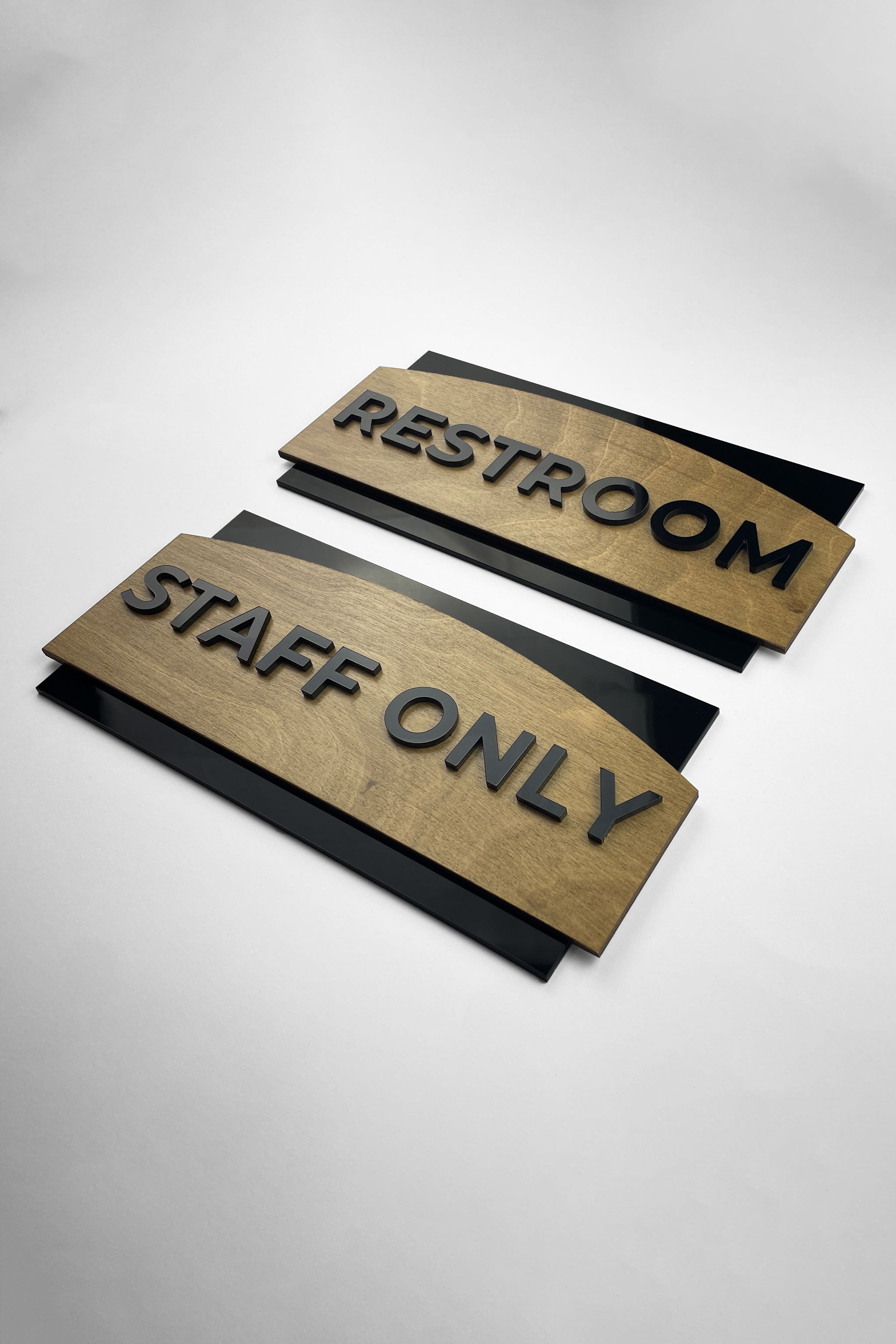 Custom birch wood finish and black acrylic door sign by ALUMADESIGNCO, elegant plaque for offices, Airbnb properties, and contemporary interiors