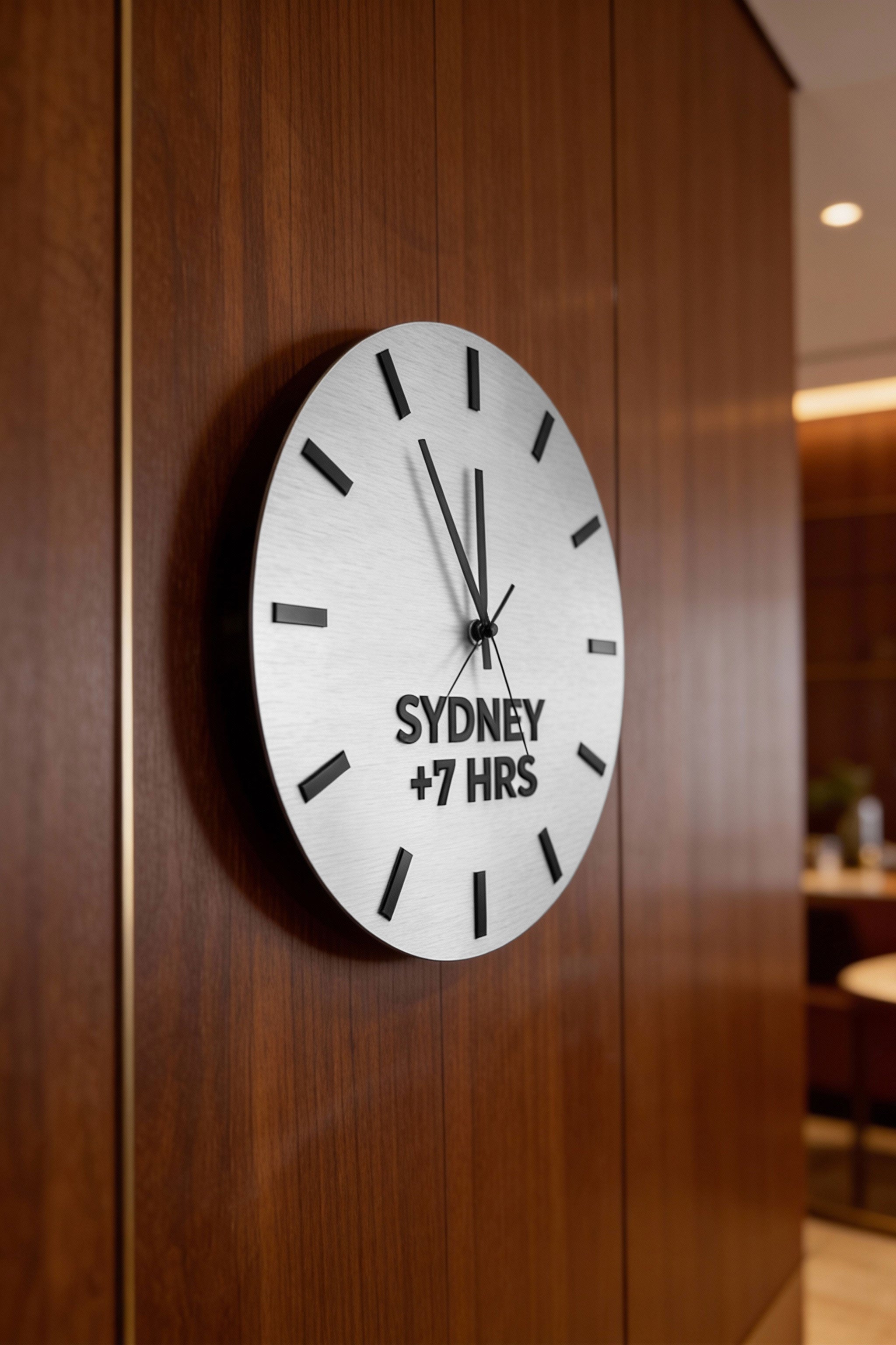 ALUMADESIGNCO premium brushed silver time zone clock with multiple world city displays, elegant wall décor for offices, hotels, lobbies, and modern interiors