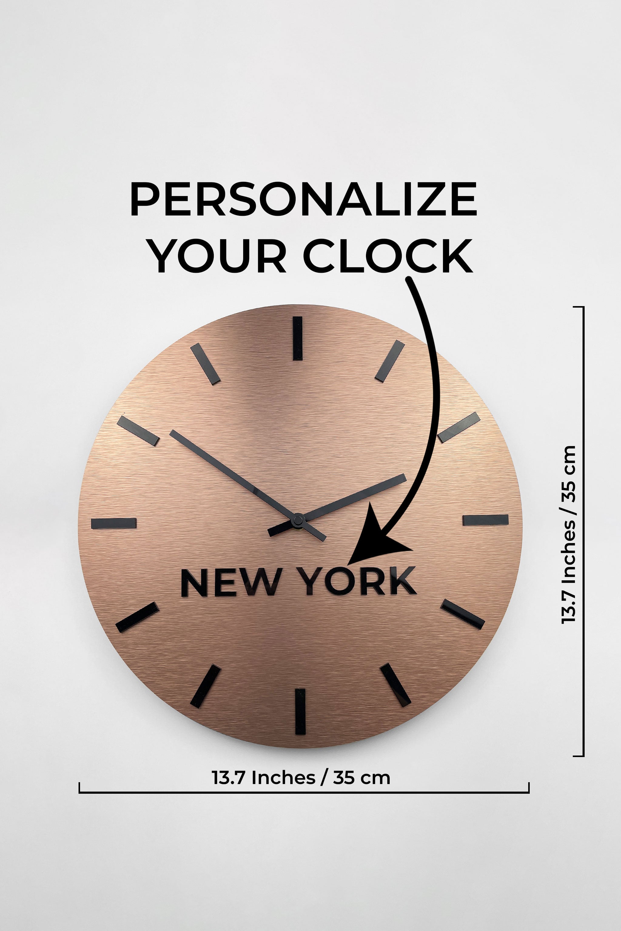 Brushed bronze world clock with custom city name plates by ALUMADESIGNCO, premium time zone wall décor for offices, studios, hotels, and business interiors