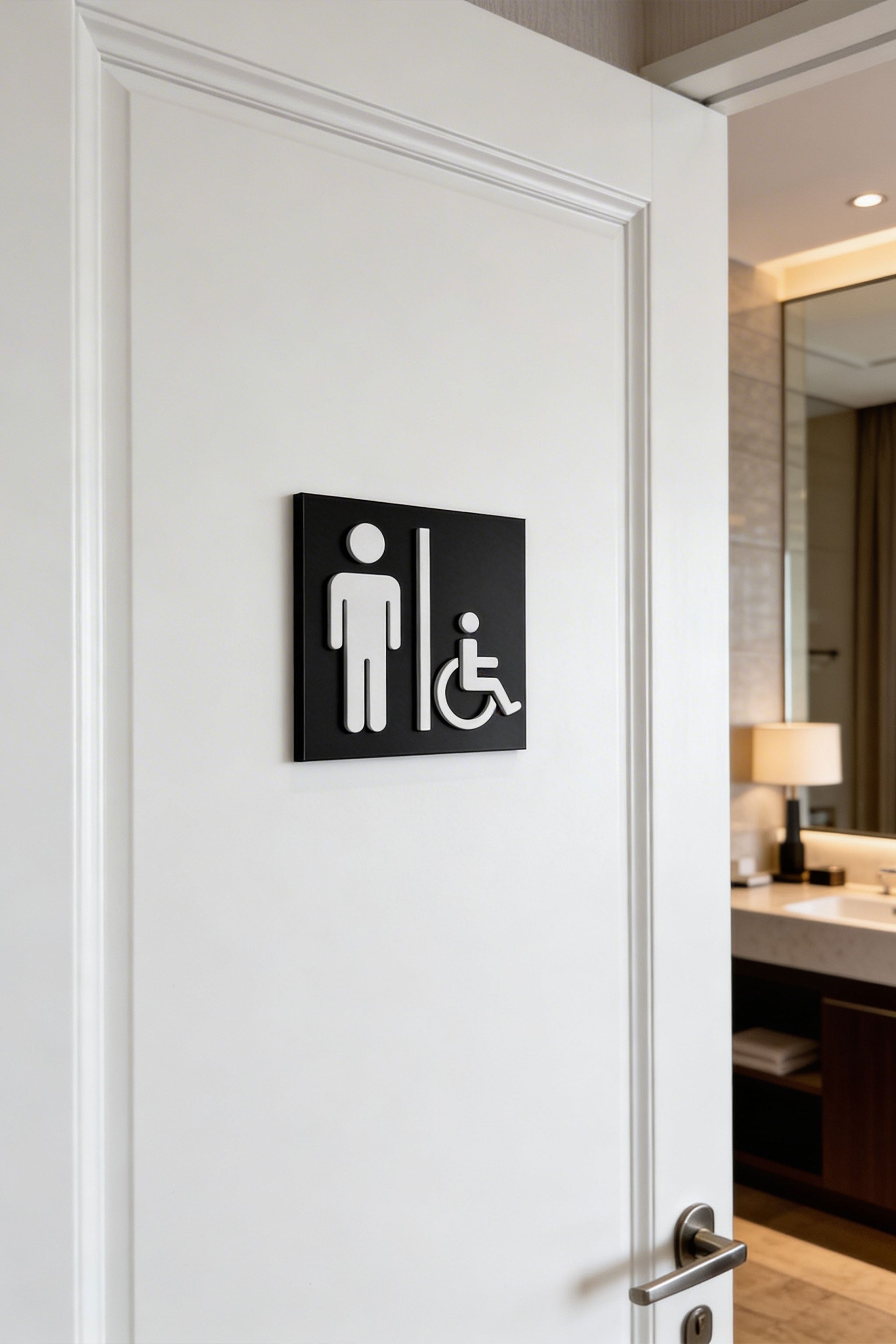 Men’s and disabled restroom sign by ALUMADESIGNCO, modern accessible toilet door plaque for hotels, offices, restaurants, and public interior spaces