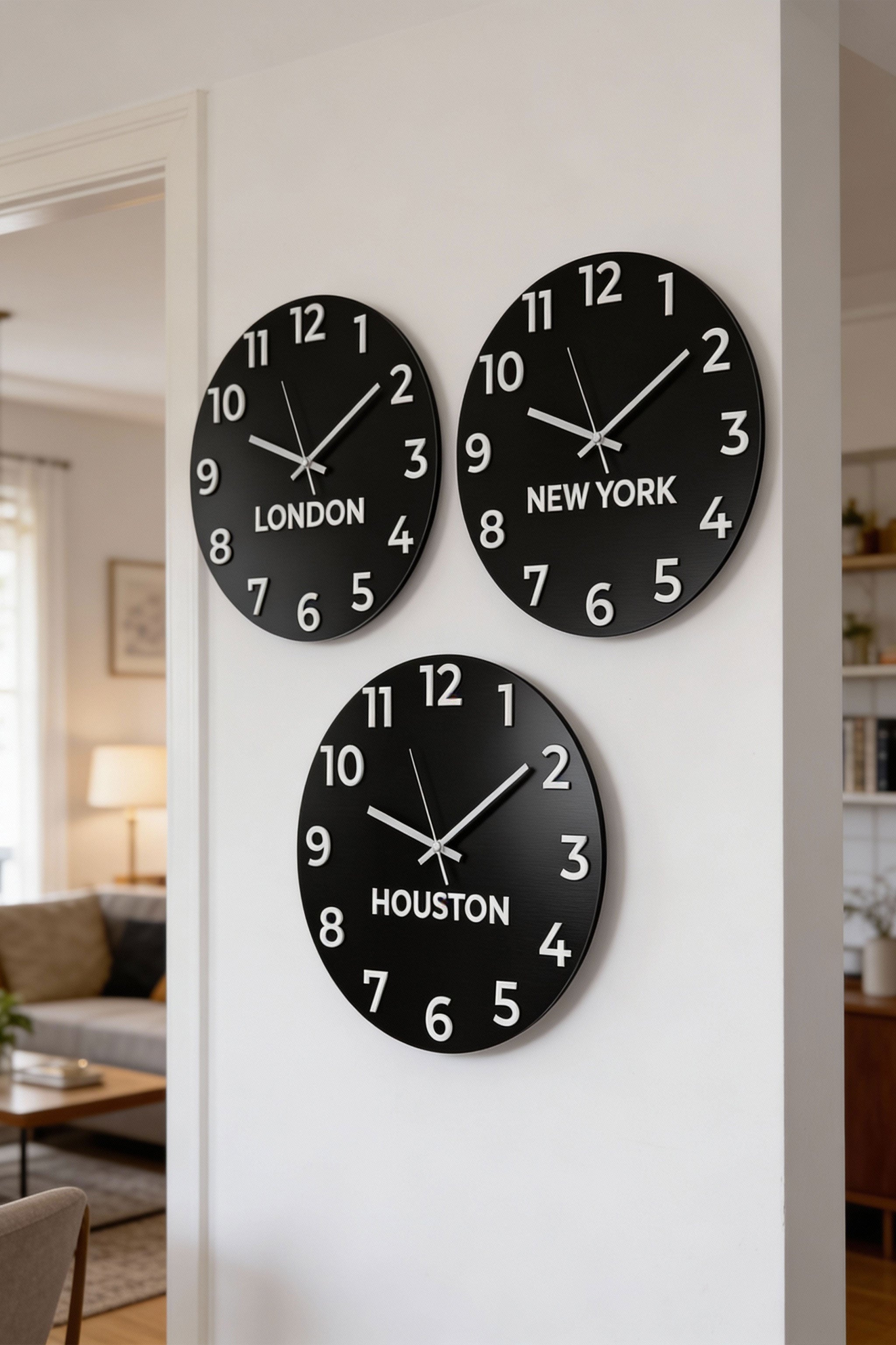 Customisable time zone wall clock by ALUMADESIGNCO featuring personalized city name plaques, elegant wall clock for offices, reception areas, and modern spaces