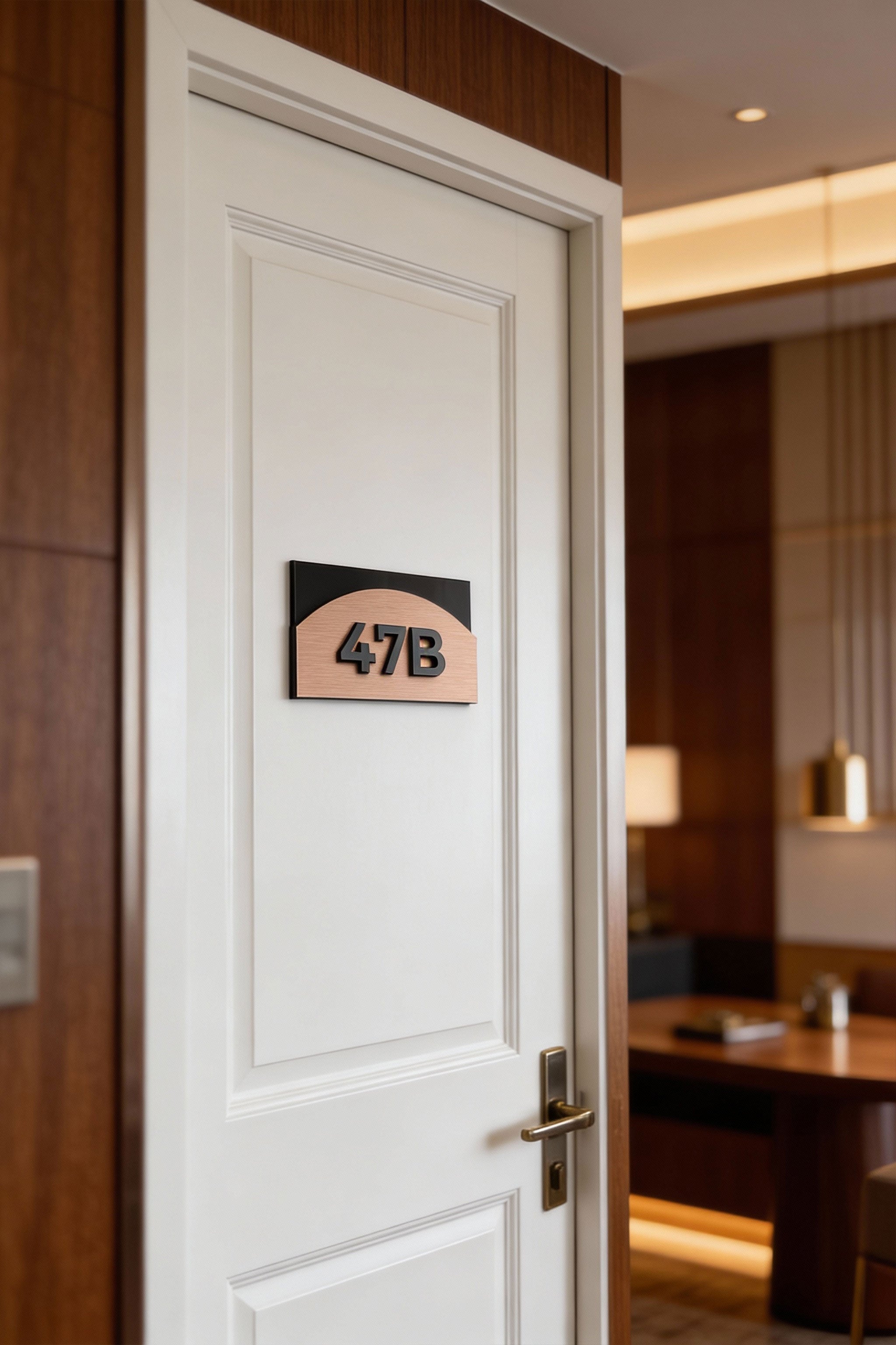 ALUMADESIGNCO Flow Style bronze apartment door number with layered acrylic sign, premium door signage for apartments, Airbnb properties, condos, and offices