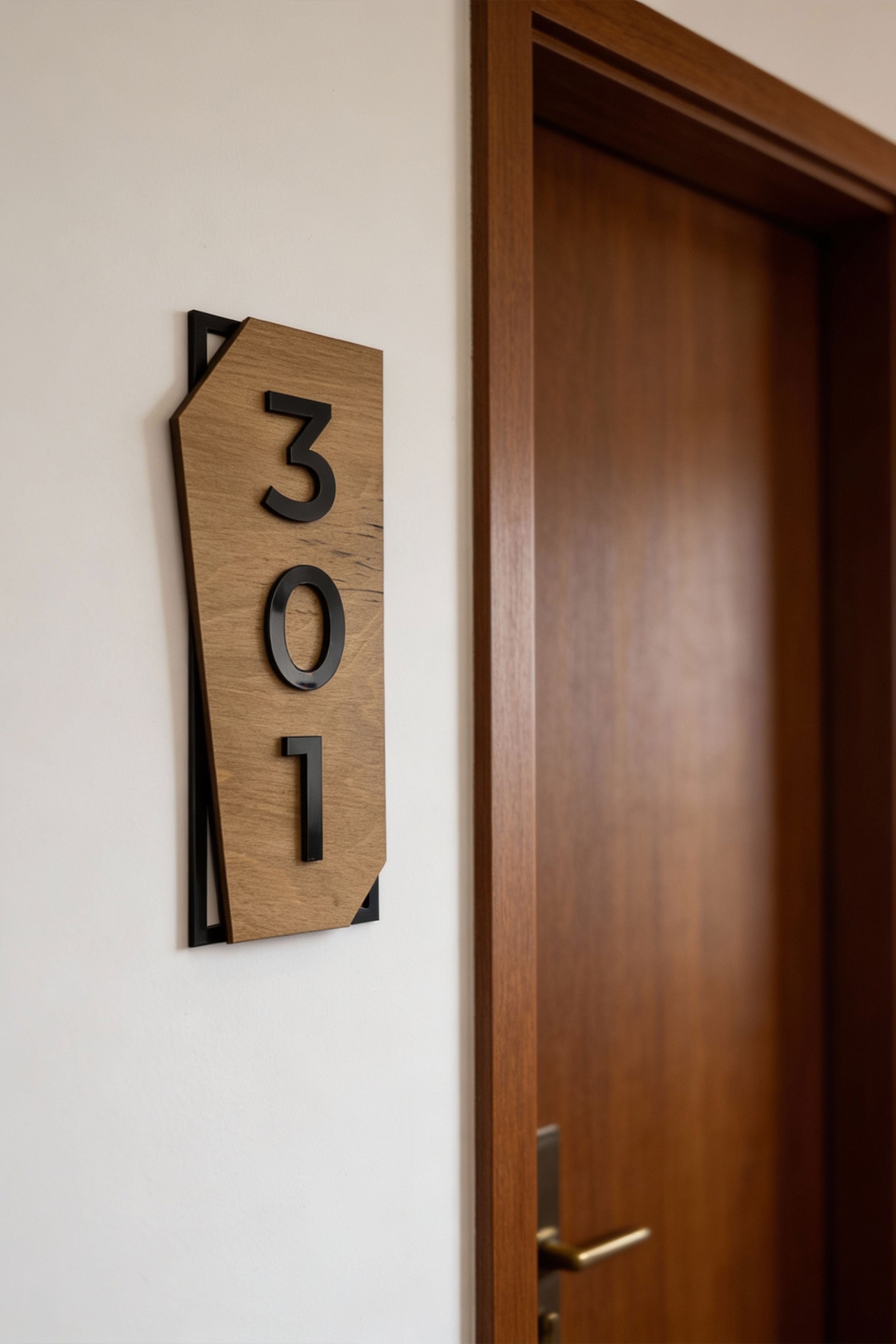 Premium vertical hotel room door sign by ALUMADESIGNCO combining natural birch wood and black acrylic numbers, classic modern signage for hotel rooms and apartment doors