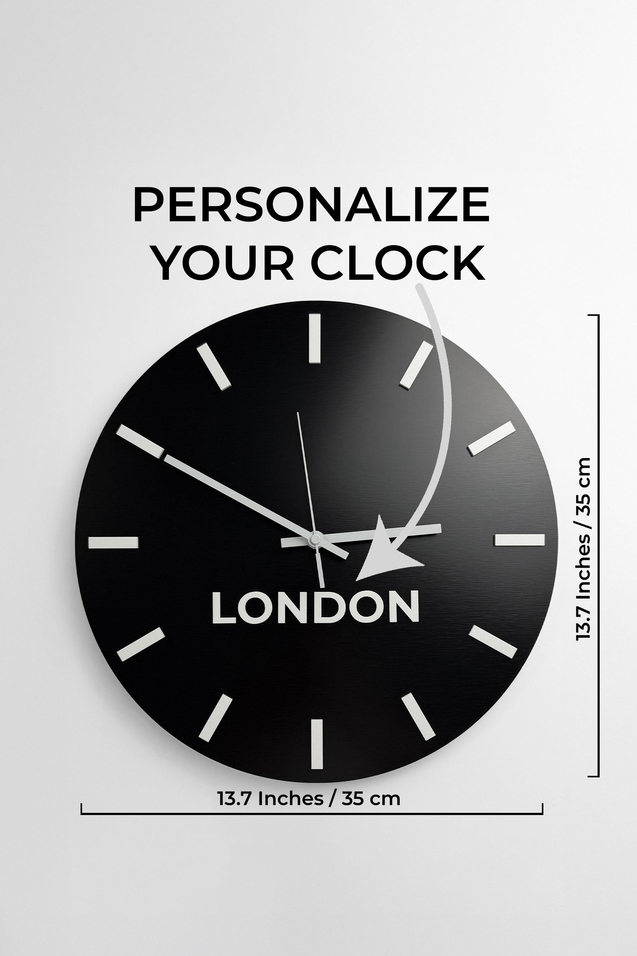 ALUMADESIGNCO modern world time zone wall clock with brushed black finish and white acrylic glass labels, custom décor for offices, hotels, apartments, and contemporary interior spaces