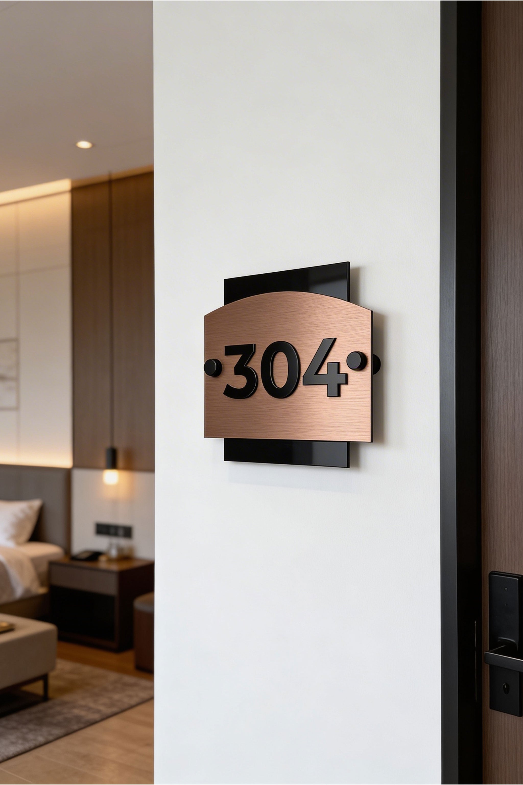 Brushed Bronze Standoff Number Signage with 3D Acrylic Numbers - "Flow" Design - ALUMADESIGNCO Door Signs - Custom Door Signs For Business & Office