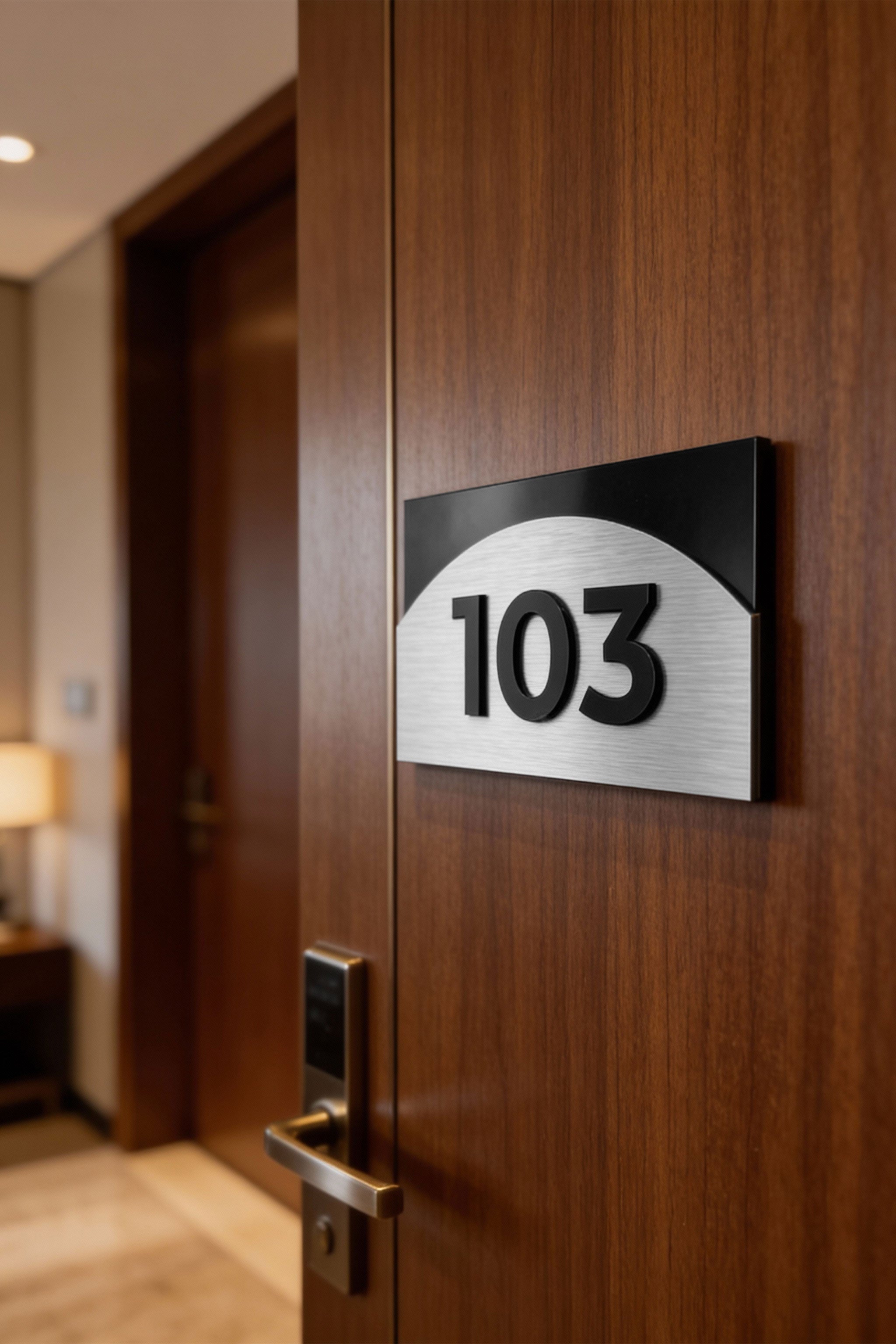 ALUMADESIGNCO Flow Design premium brushed silver and acrylic 3D apartment number sign, modern door signage for apartments, condos, and office interiors