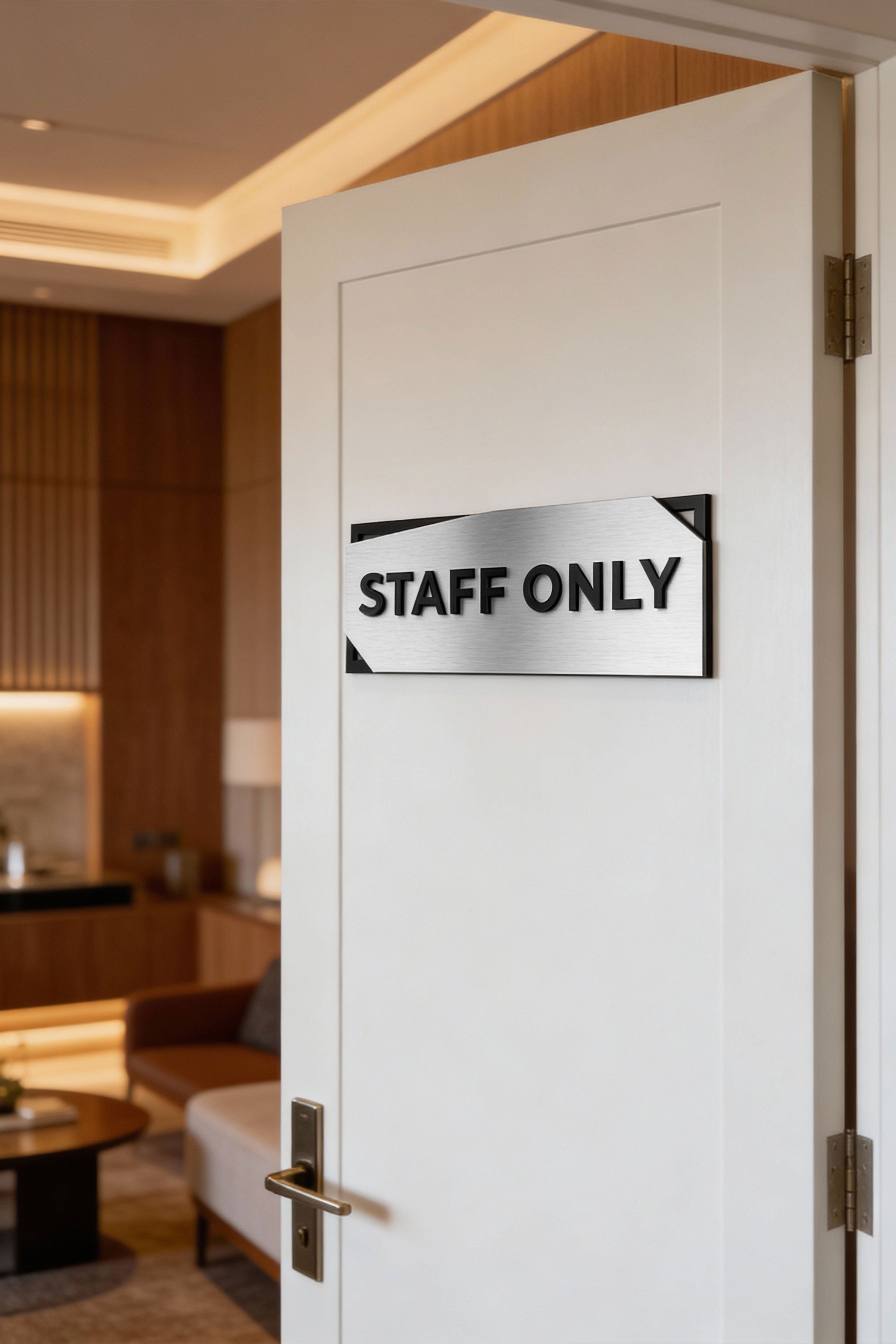 ALUMADESIGNCO office door sign with 3D layered customisable design and raised acrylic text, modern signage for offices, hotels, apartments, and interior spaces