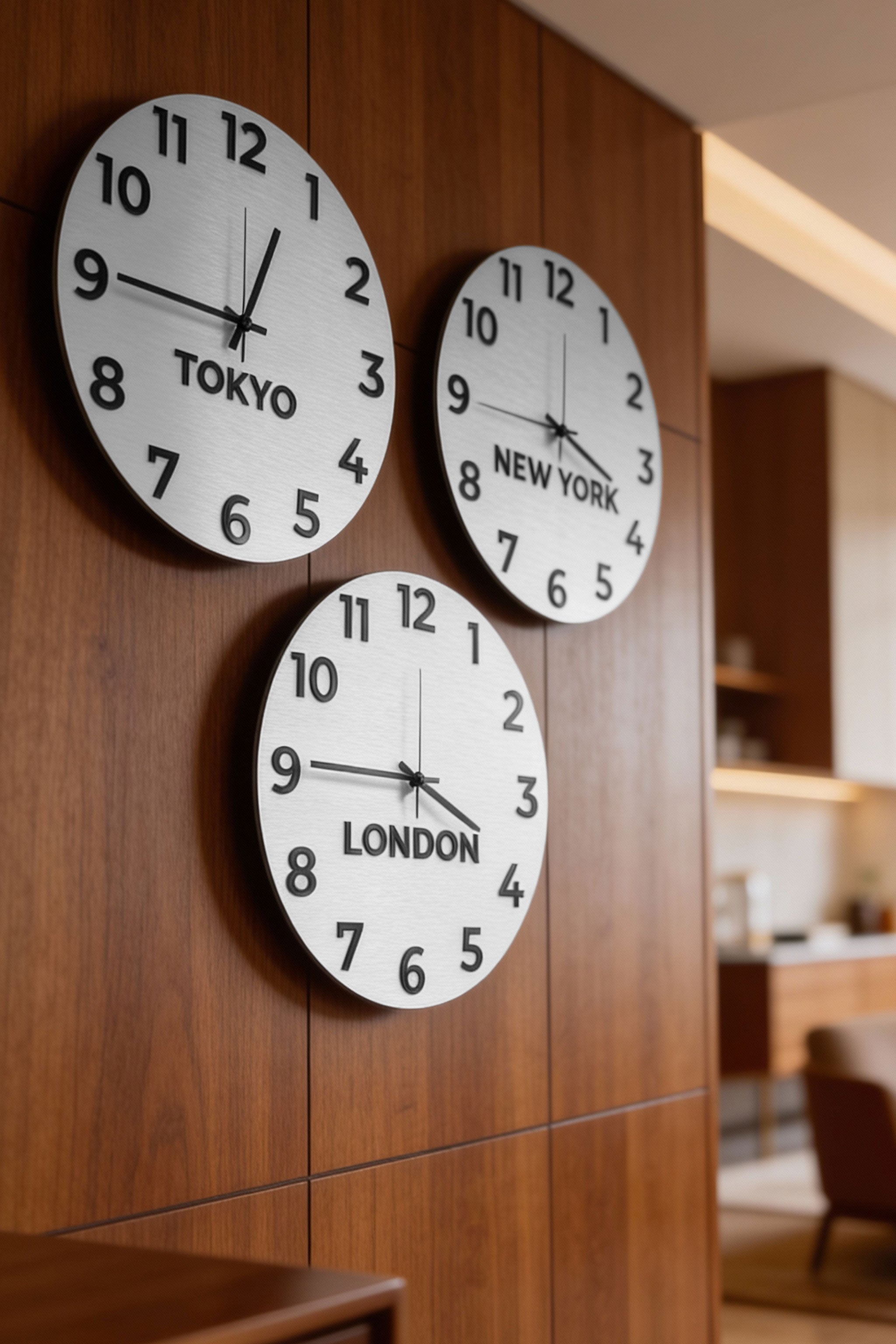ALUMADESIGNCO elegant wall clock with international time zones and multiple world city displays, premium décor for offices, hotels, apartments, and modern interiors