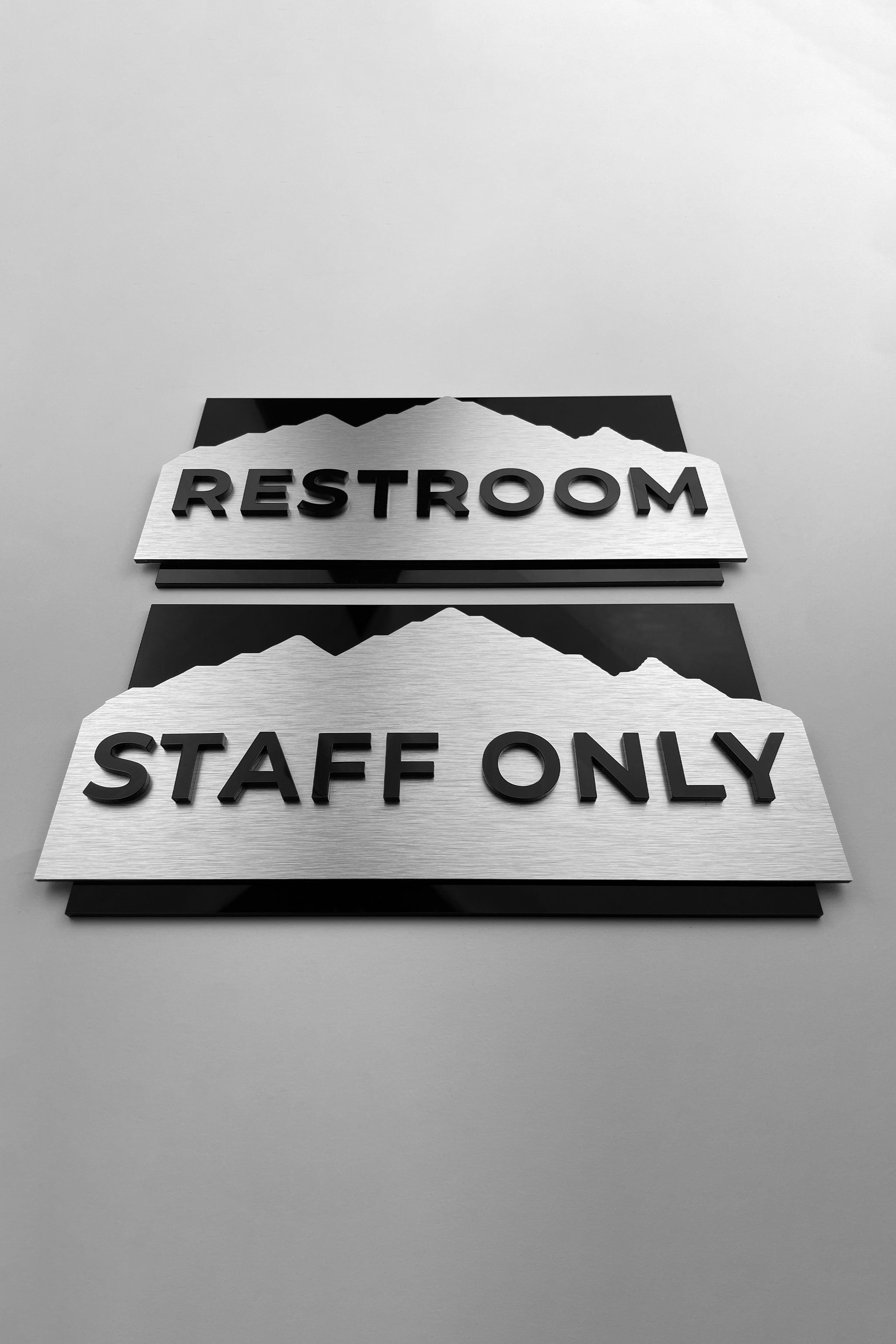 ALUMADESIGNCO Alpine custom office door plaque with 3D layered design and raised acrylic text, premium signage for offices, hotels, and commercial interiors