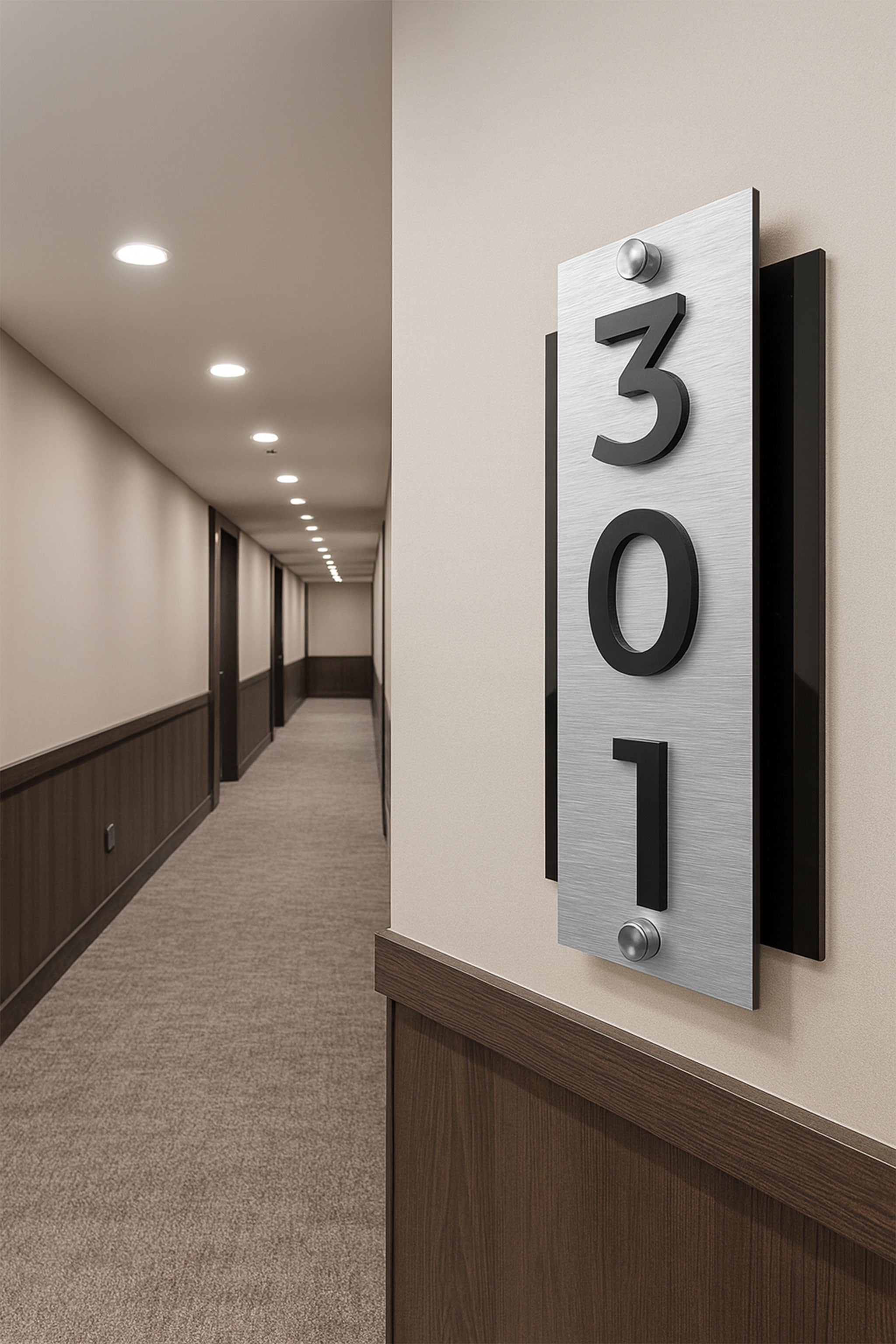 ALUMADESIGNCO vertical hotel room number plaque with silver metal base and raised acrylic numbers, standoff wall signage for modern hotels and apartments