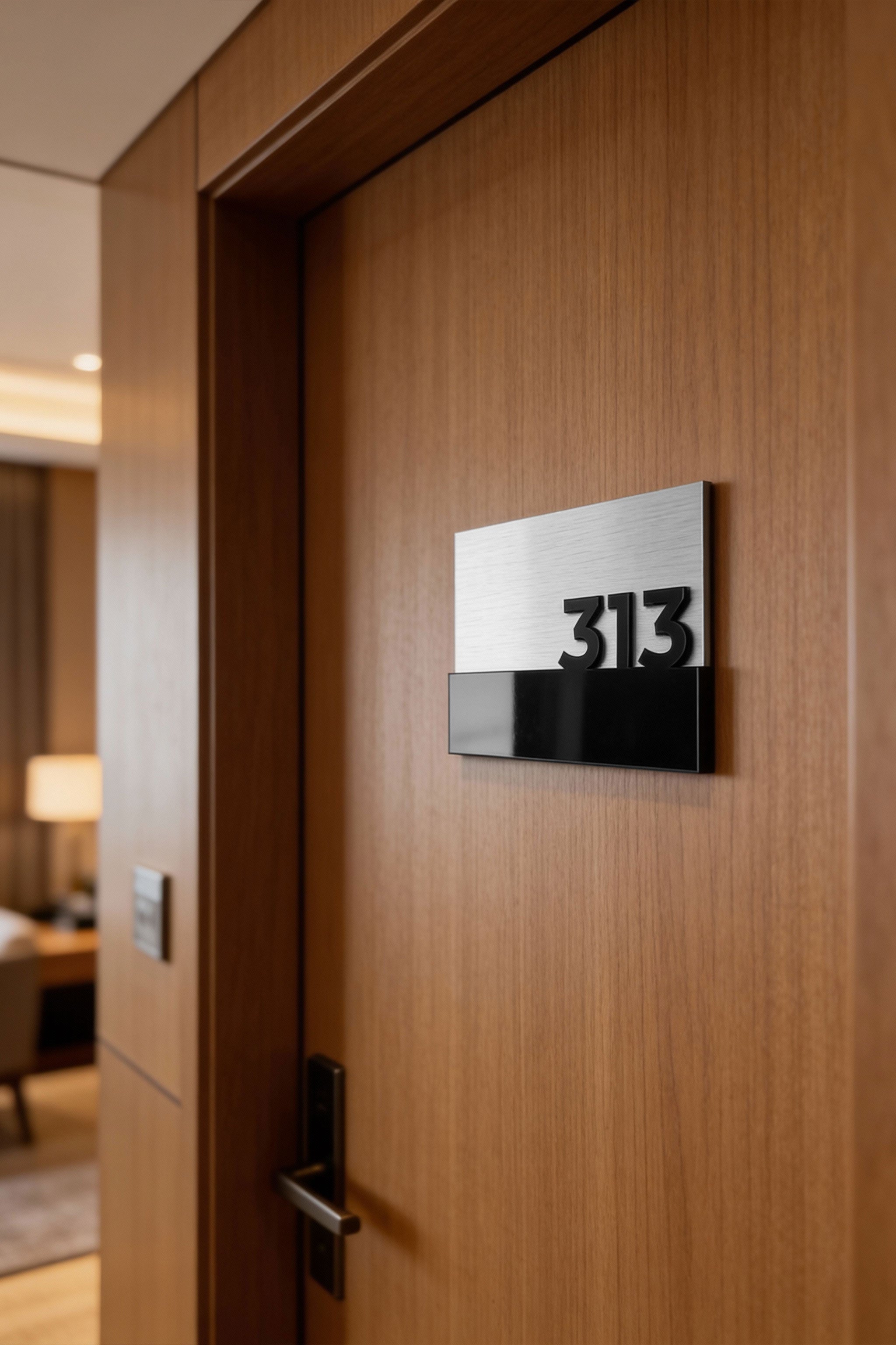 ALUMADESIGNCO elegant hotel room number sign with silver metal plaque and black acrylic numbers, modern door signage for hotels, apartments, Airbnb properties, and offices