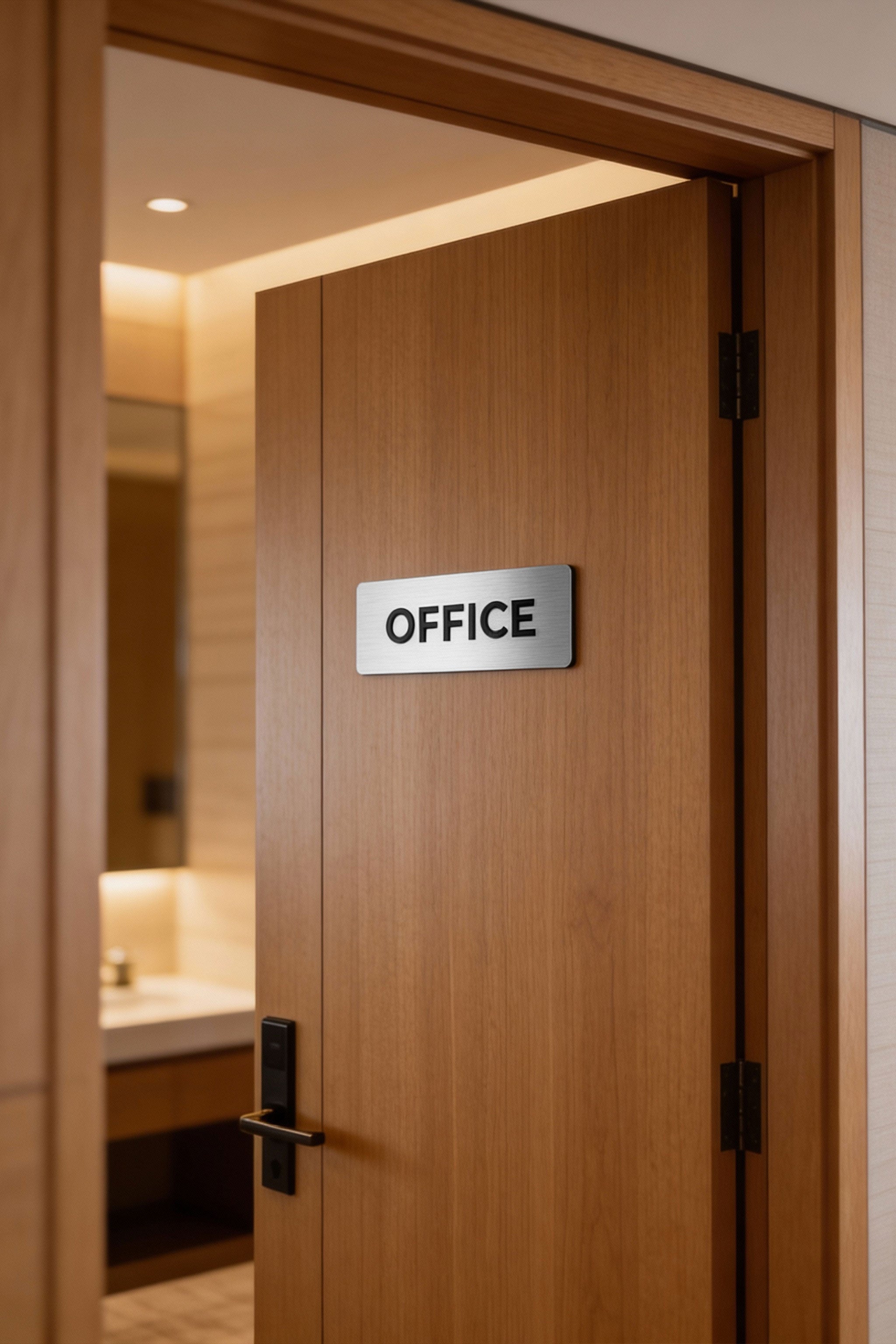 ALUMADESIGNCO luxury custom door sign with silver metal plaque and black acrylic lettering, premium office signage for offices, hotels, apartments, and modern interiors