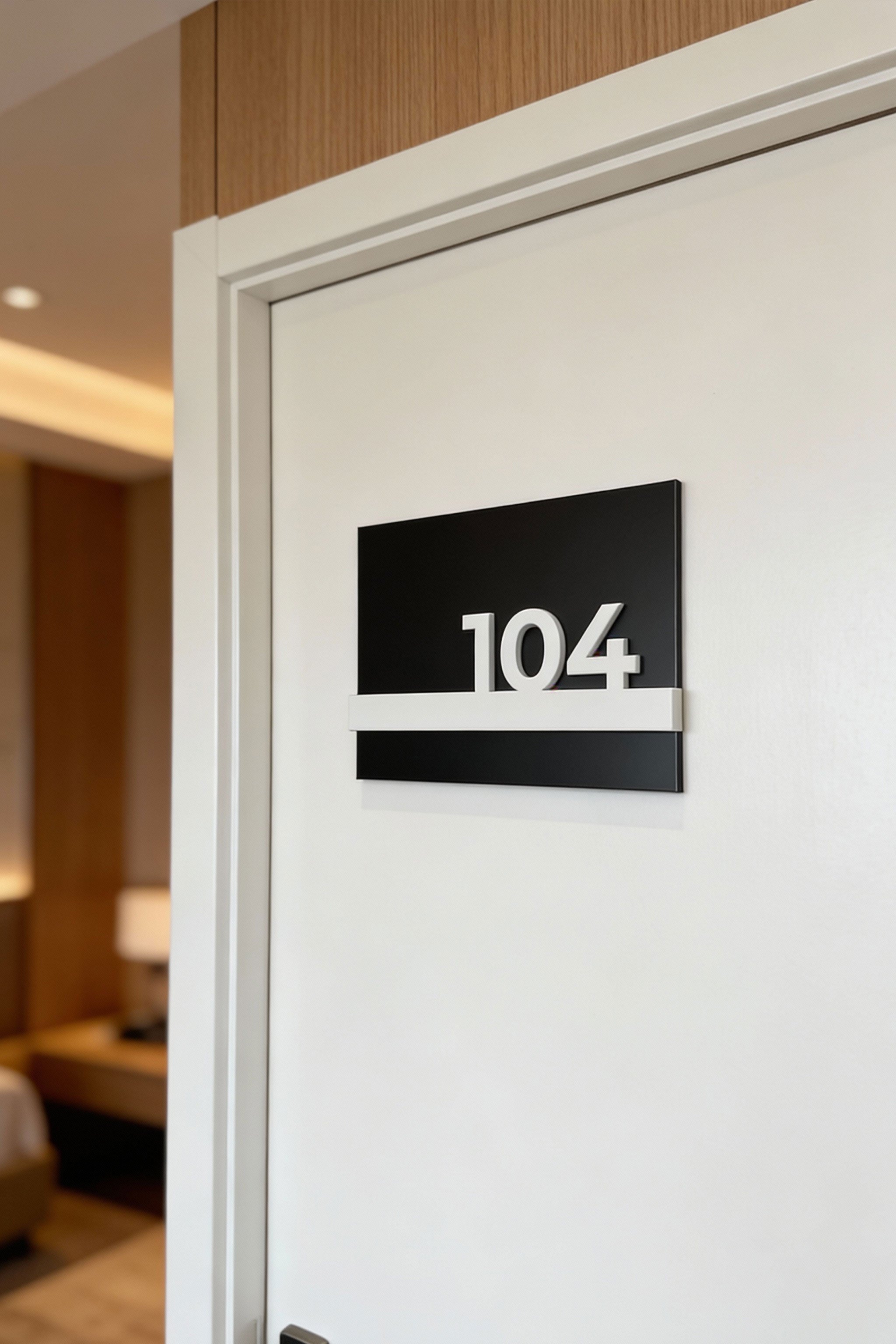 ALUMADESIGNCO modern hotel room door signage with black metal plaque and white acrylic numbers, stylish door number sign for hotels, apartments, Airbnb properties, and offices