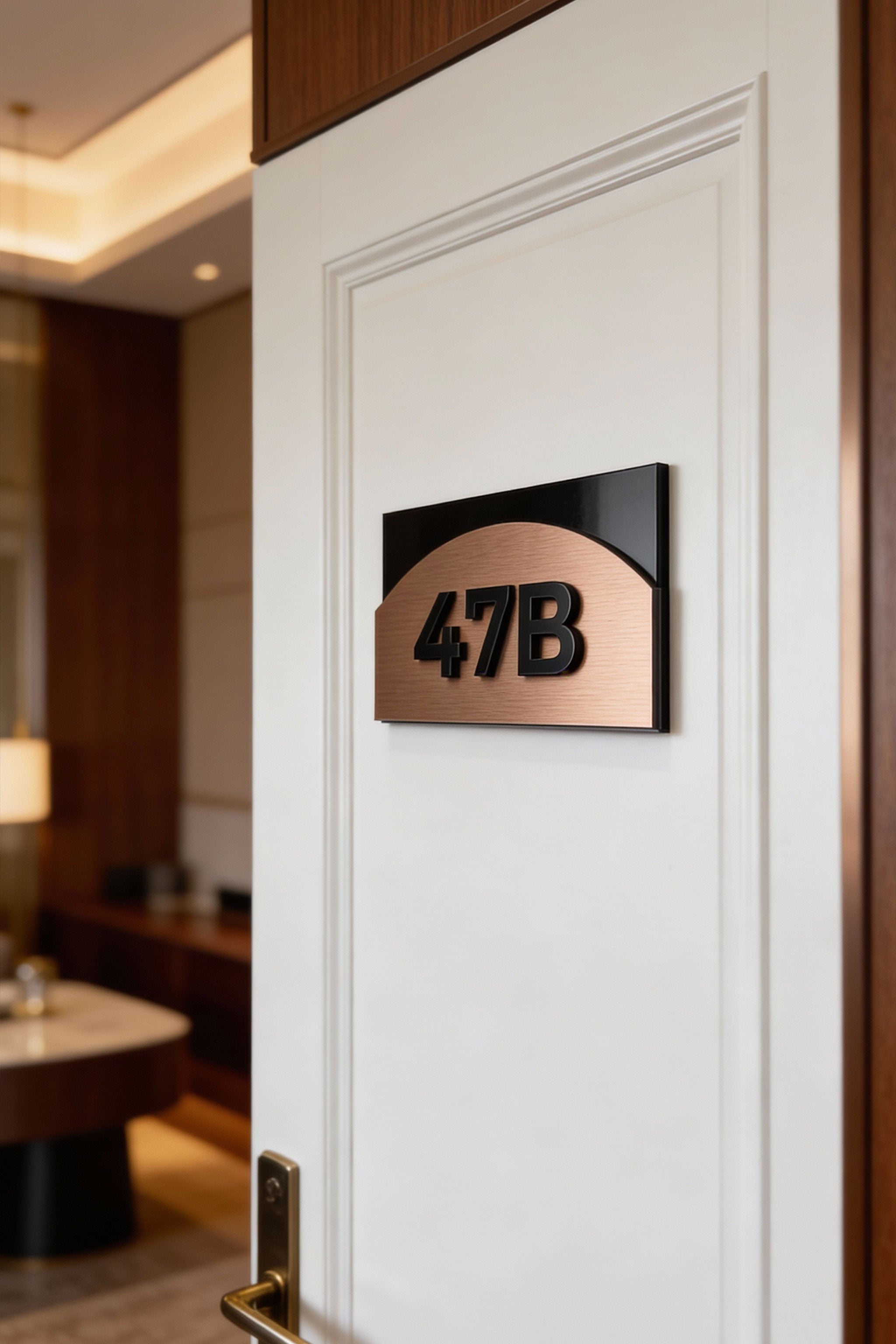 Modern bronze apartment door number sign with layered acrylic design Flow Style by ALUMADESIGNCO, stylish door plaque for condos and contemporary interiors