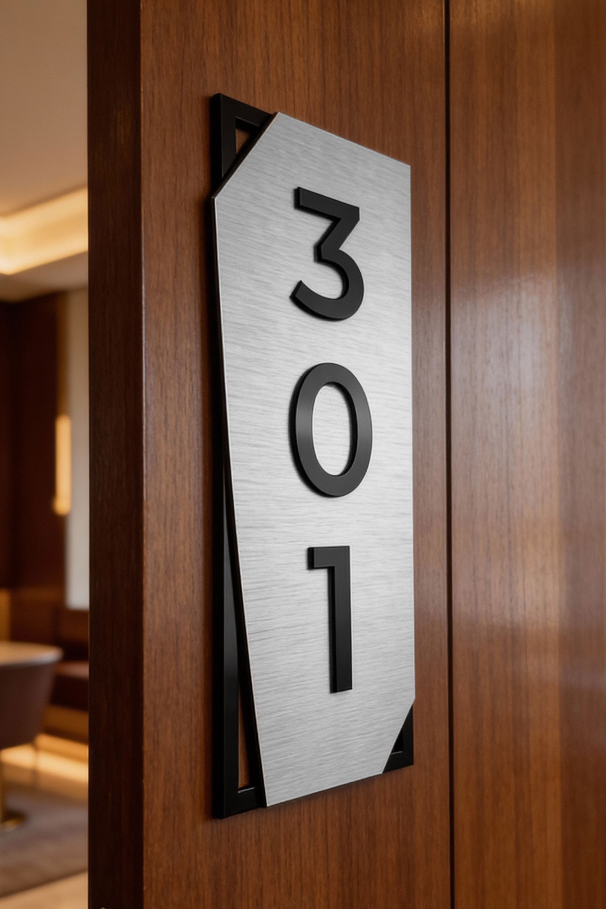 ALUMADESIGNCO brushed silver vertical door number plaque with black acrylic glass numbers, minimalist modern signage for hotels, offices, and apartments