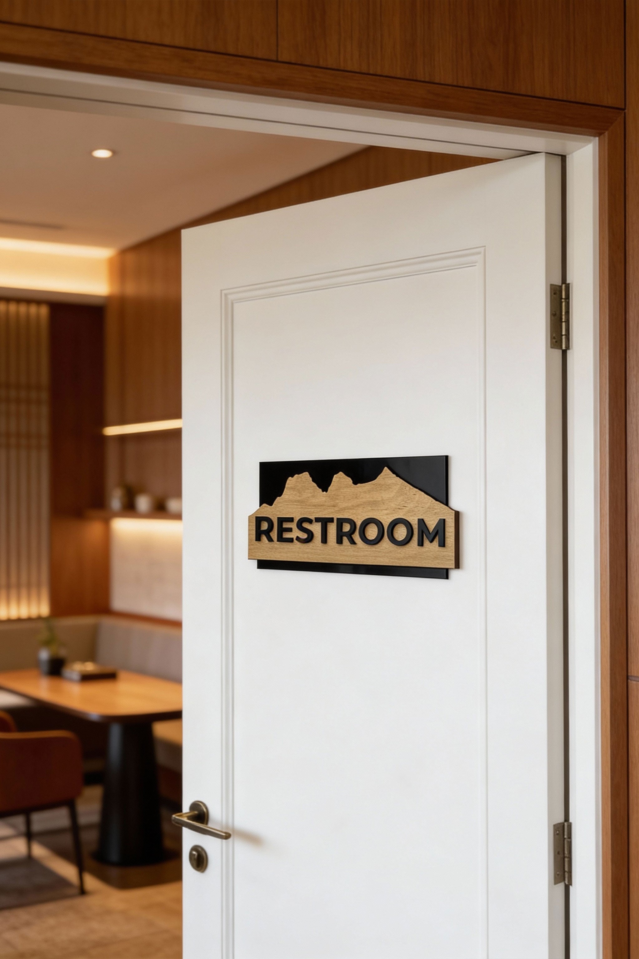 Modern Alpine Design birch wood door sign by ALUMADESIGNCO combining natural wood and acrylic glass text, stylish signage for contemporary interiors