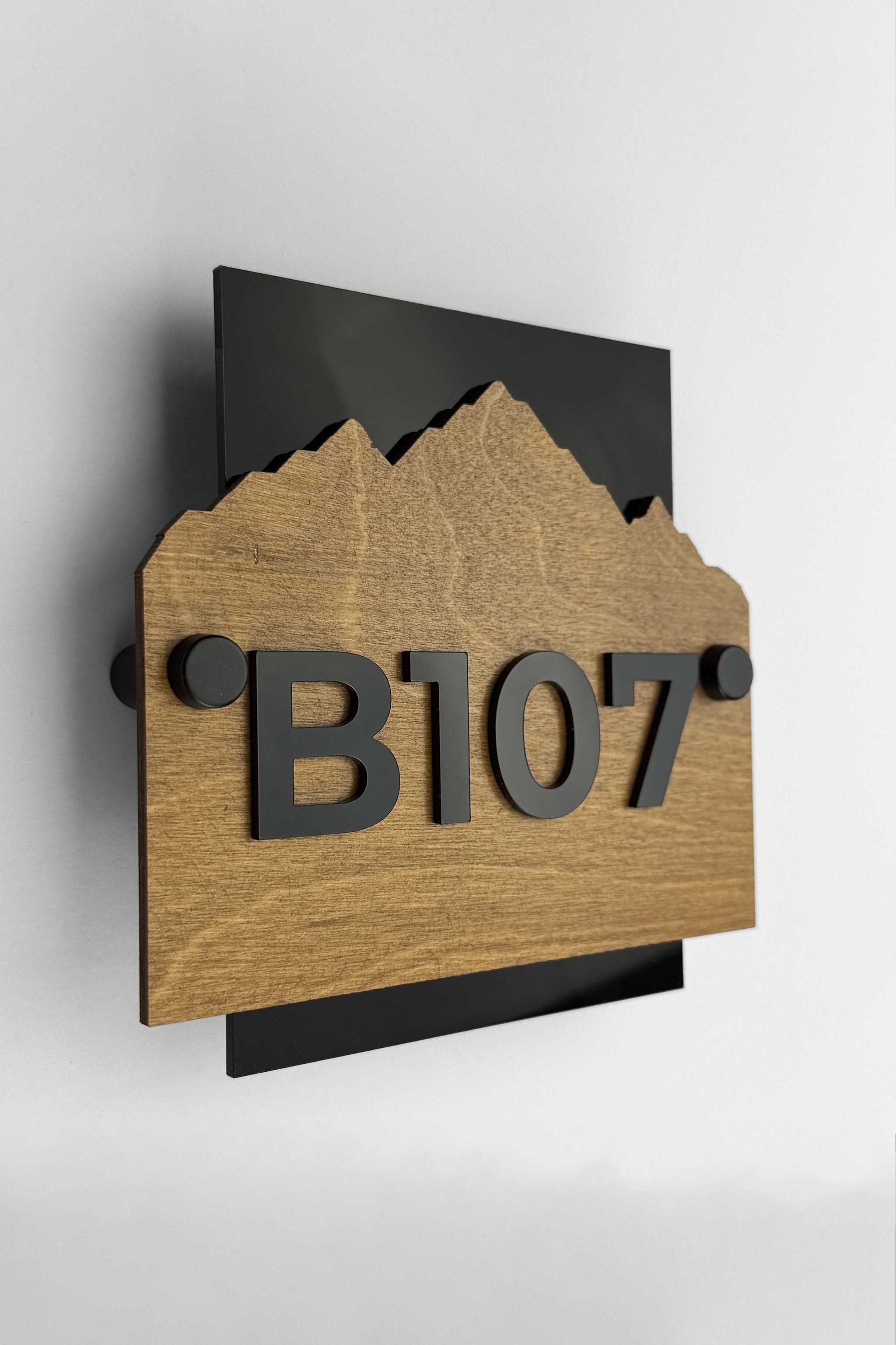 Modern customisable wooden wall number sign Alpine Design by ALUMADESIGNCO with standoff mounting and acrylic numbers for hotel corridors and apartment buildings