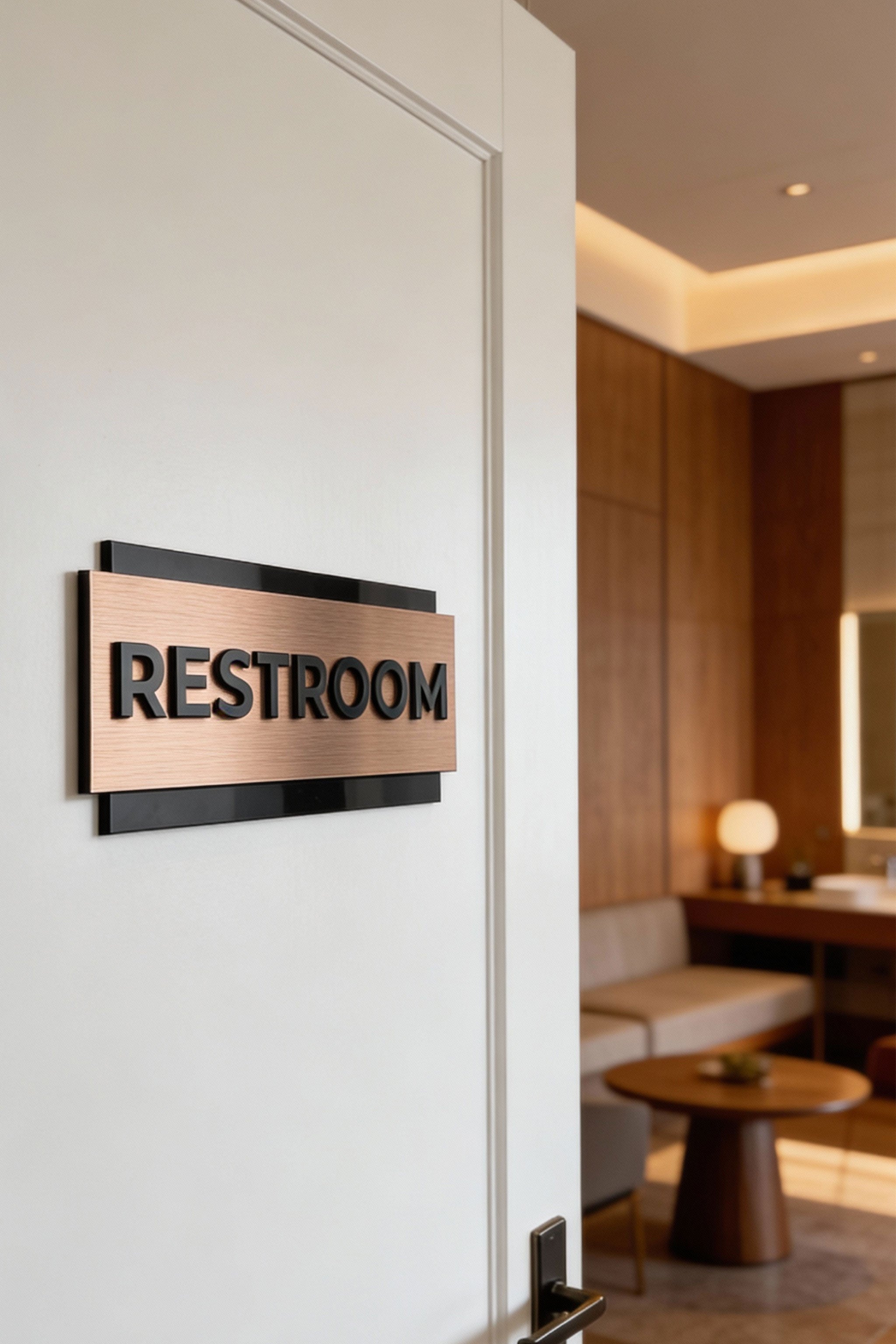 ALUMADESIGNCO personalized custom office door sign in bronze and acrylic with raised lettering, premium signage for offices, hotels, apartments, and modern interiors