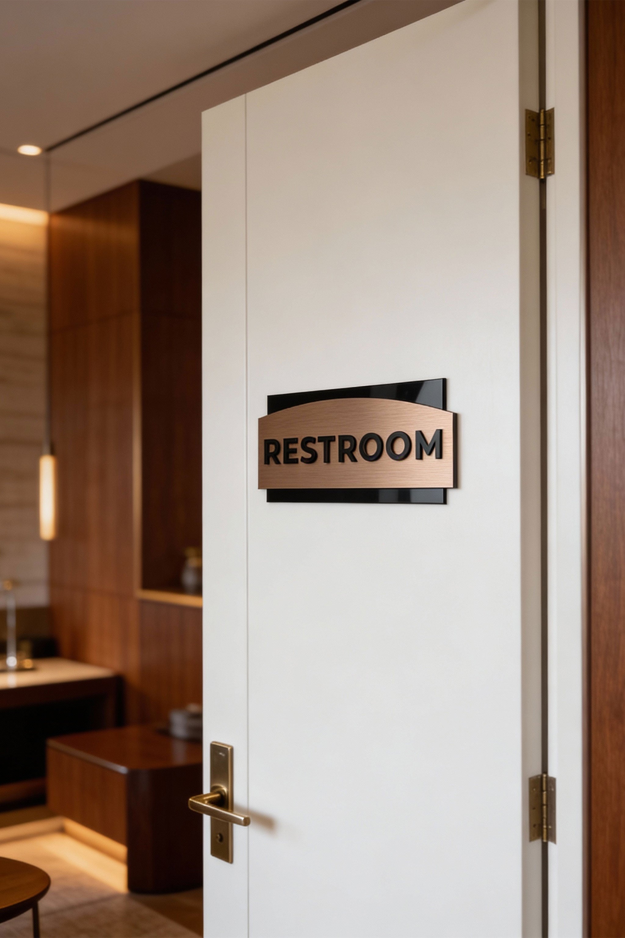 Modern premium office door sign by ALUMADESIGNCO combining brushed bronze metal panel and black acrylic lettering, stylish signage for offices and interiors