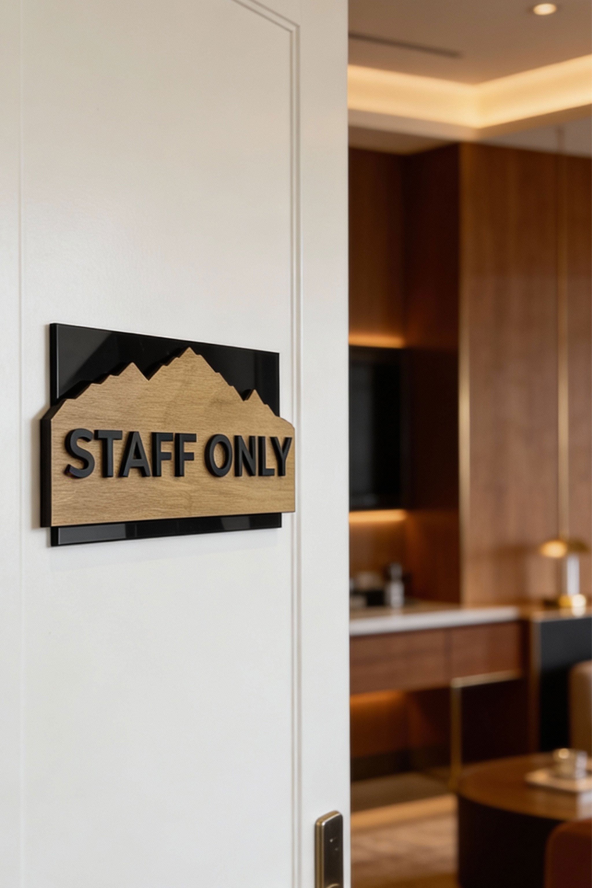 ALUMADESIGNCO Alpine Design wall door sign with birch wood plate and black acrylic lettering, modern signage for offices, hotels, apartments, and contemporary interiors