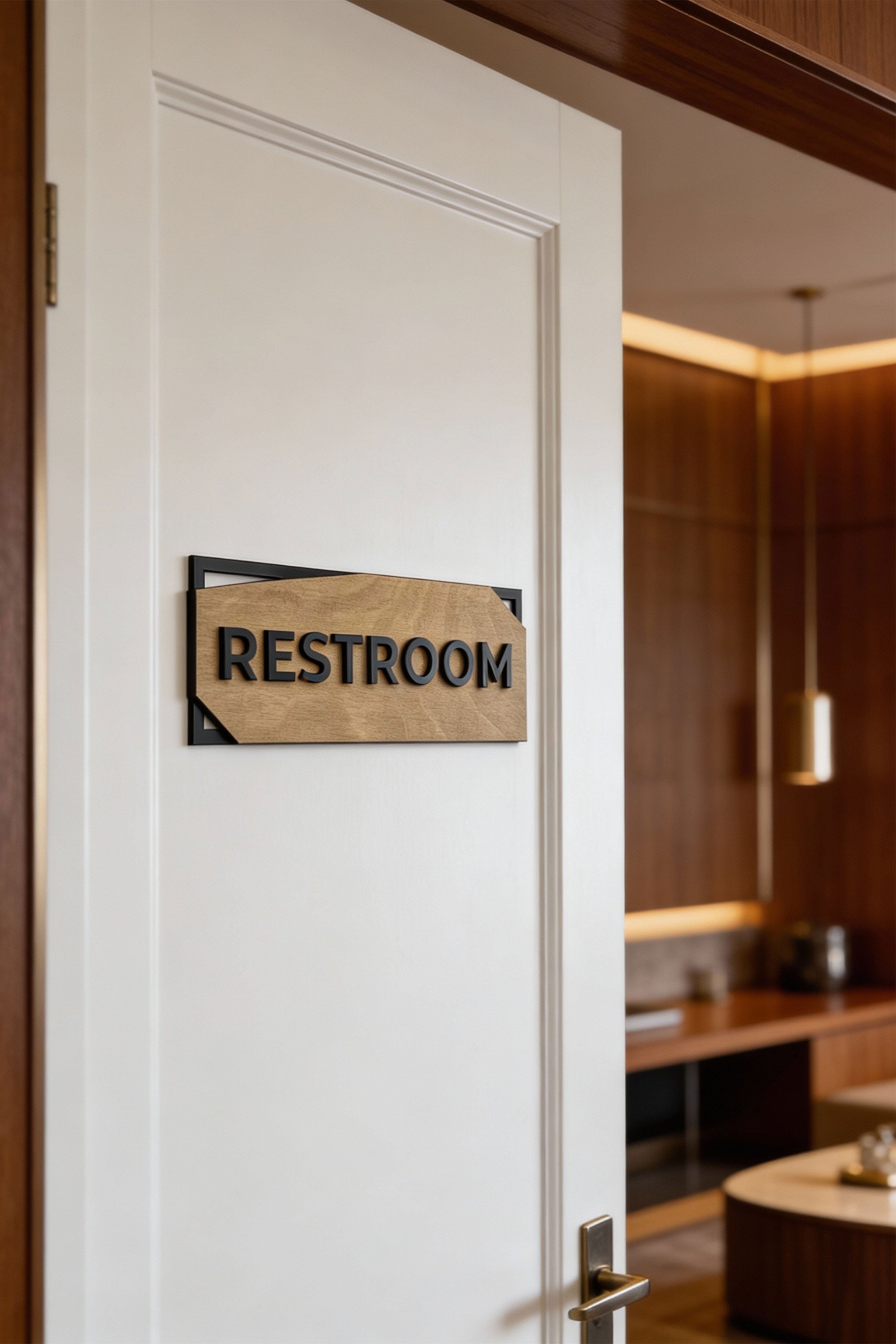 ALUMADESIGNCO minimalist door sign with birch wood base and black acrylic lettering, custom room plaque for offices, hotels, apartments, and modern interiors