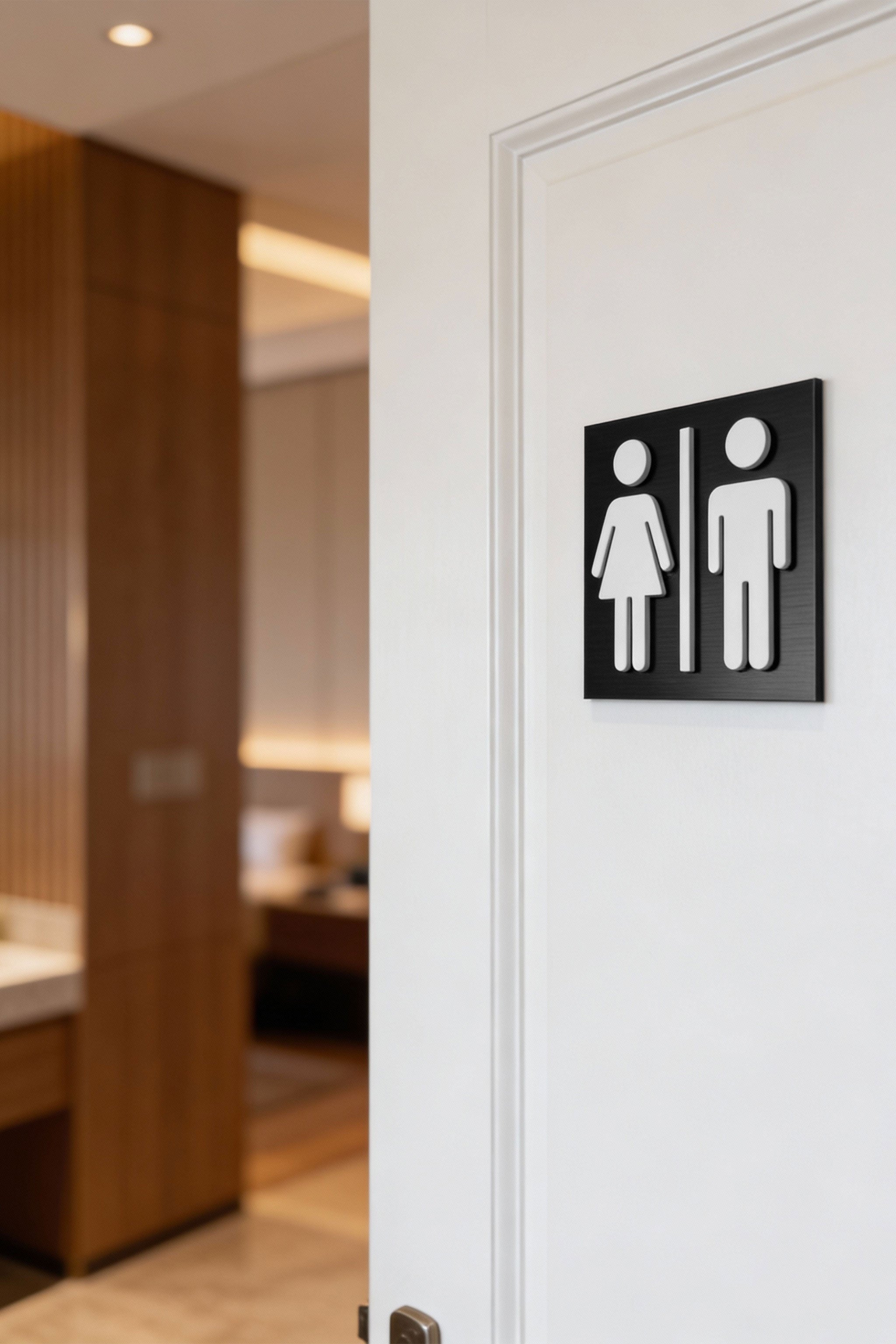 Male and female restroom sign by ALUMADESIGNCO, modern bathroom door plaque for hotels, offices, cafés, and public interior spaces