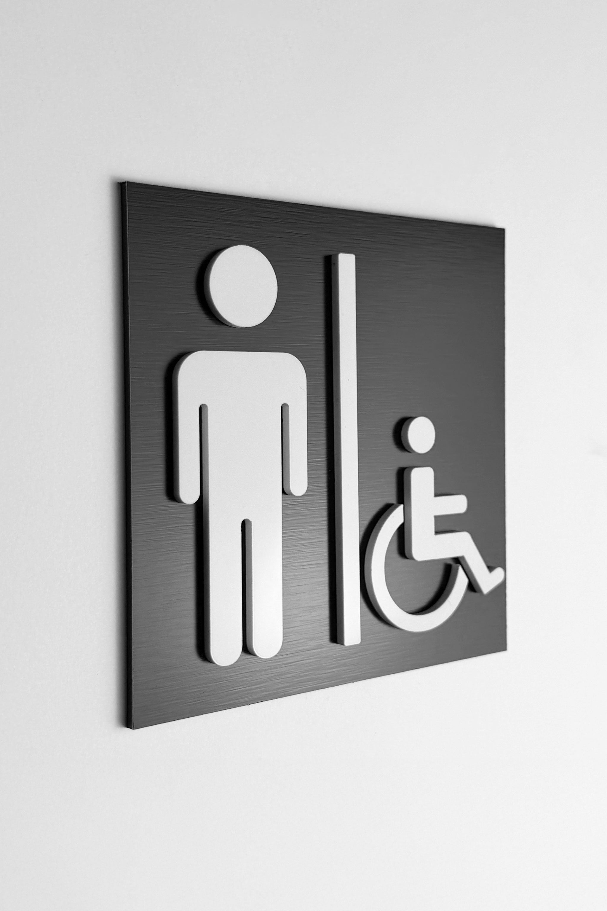 ALUMADESIGNCO men’s and disabled restroom sign with male and wheelchair symbols, premium accessible bathroom door signage for offices, hotels, cafés, and commercial interiors