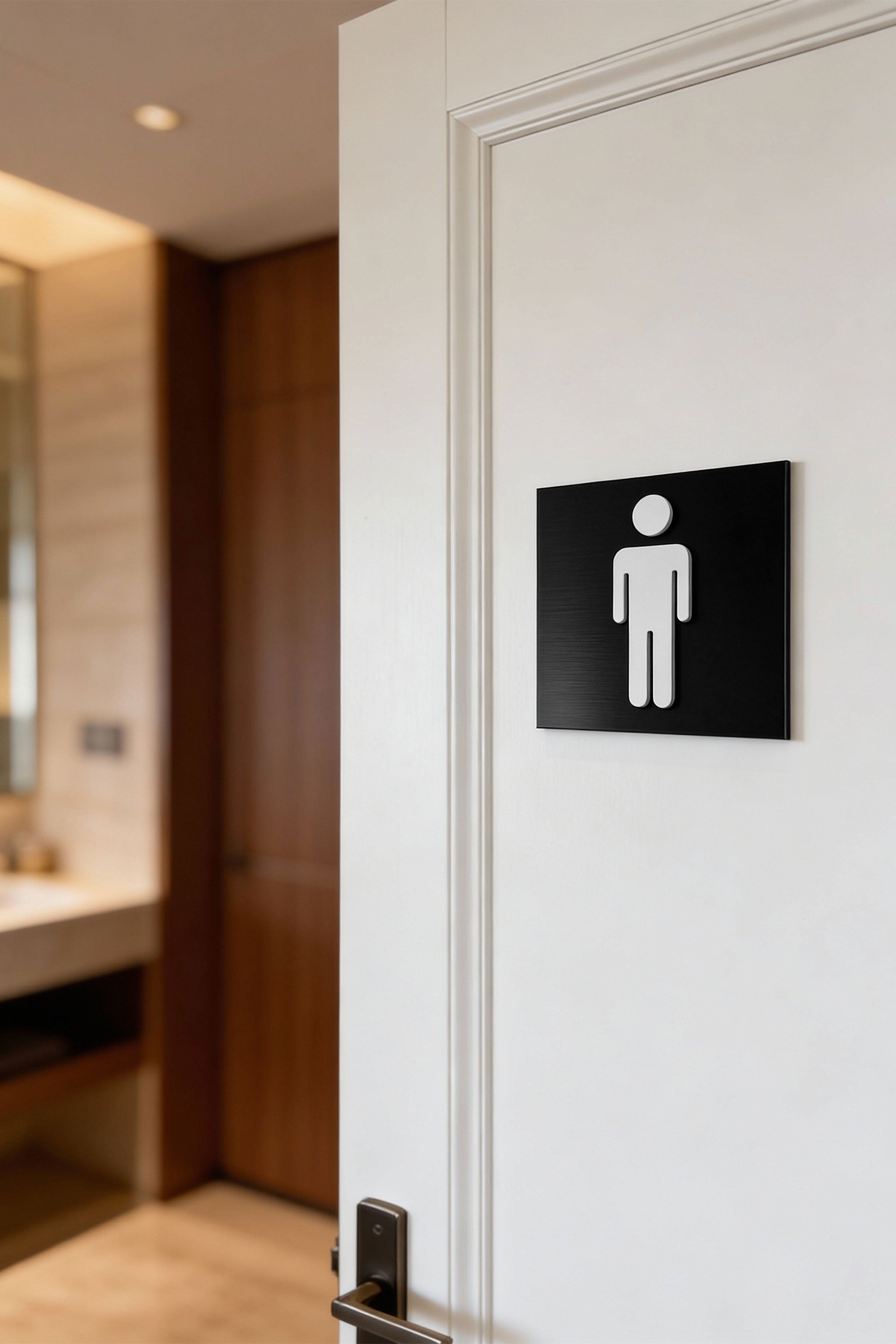 Men’s restroom sign by ALUMADESIGNCO, modern toilet door plaque for hotels, offices, restaurants, and public interior spaces