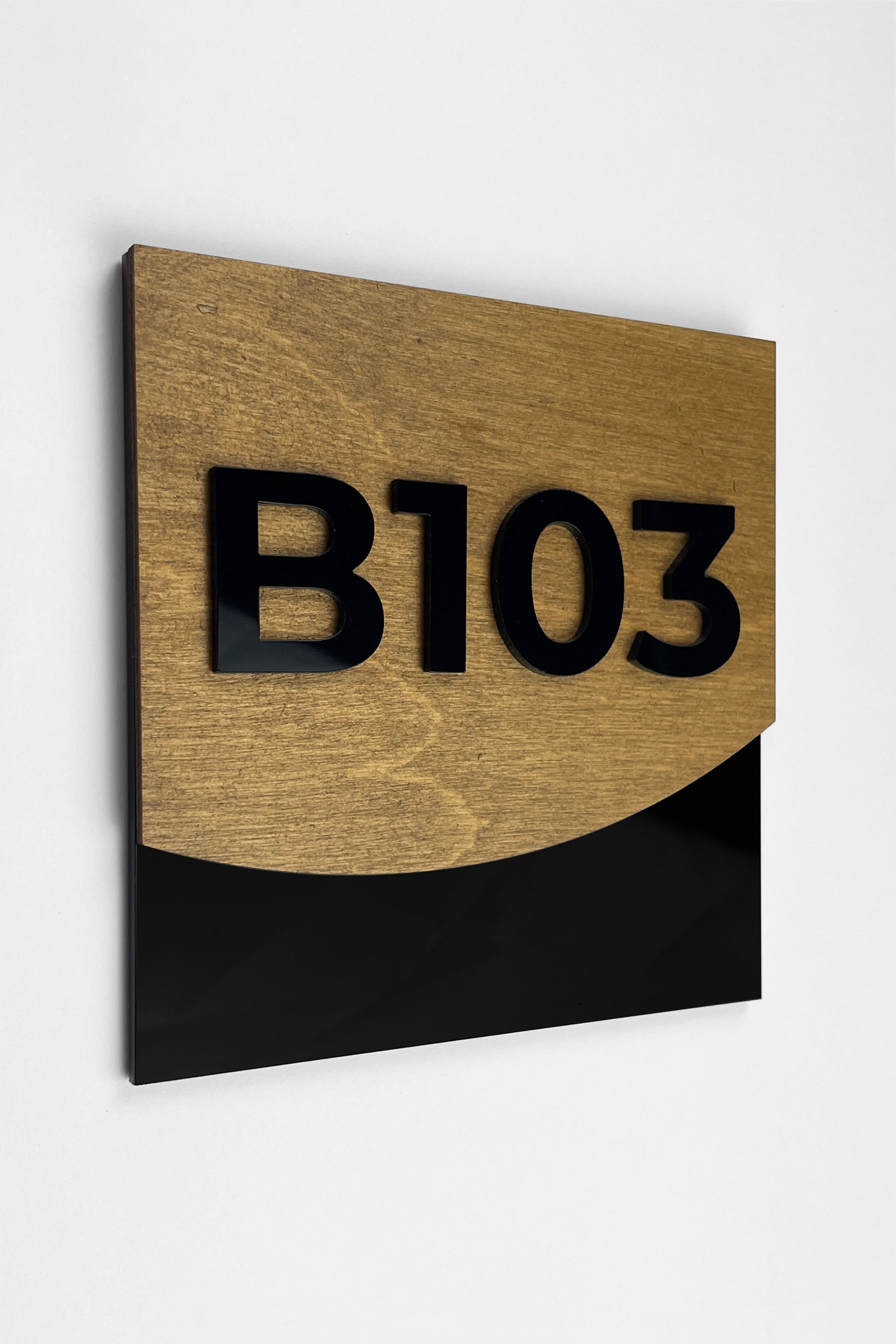 Premium Flow Design hotel room number sign by ALUMADESIGNCO combining wood base and acrylic numbers, modern door signage for hospitality interiors