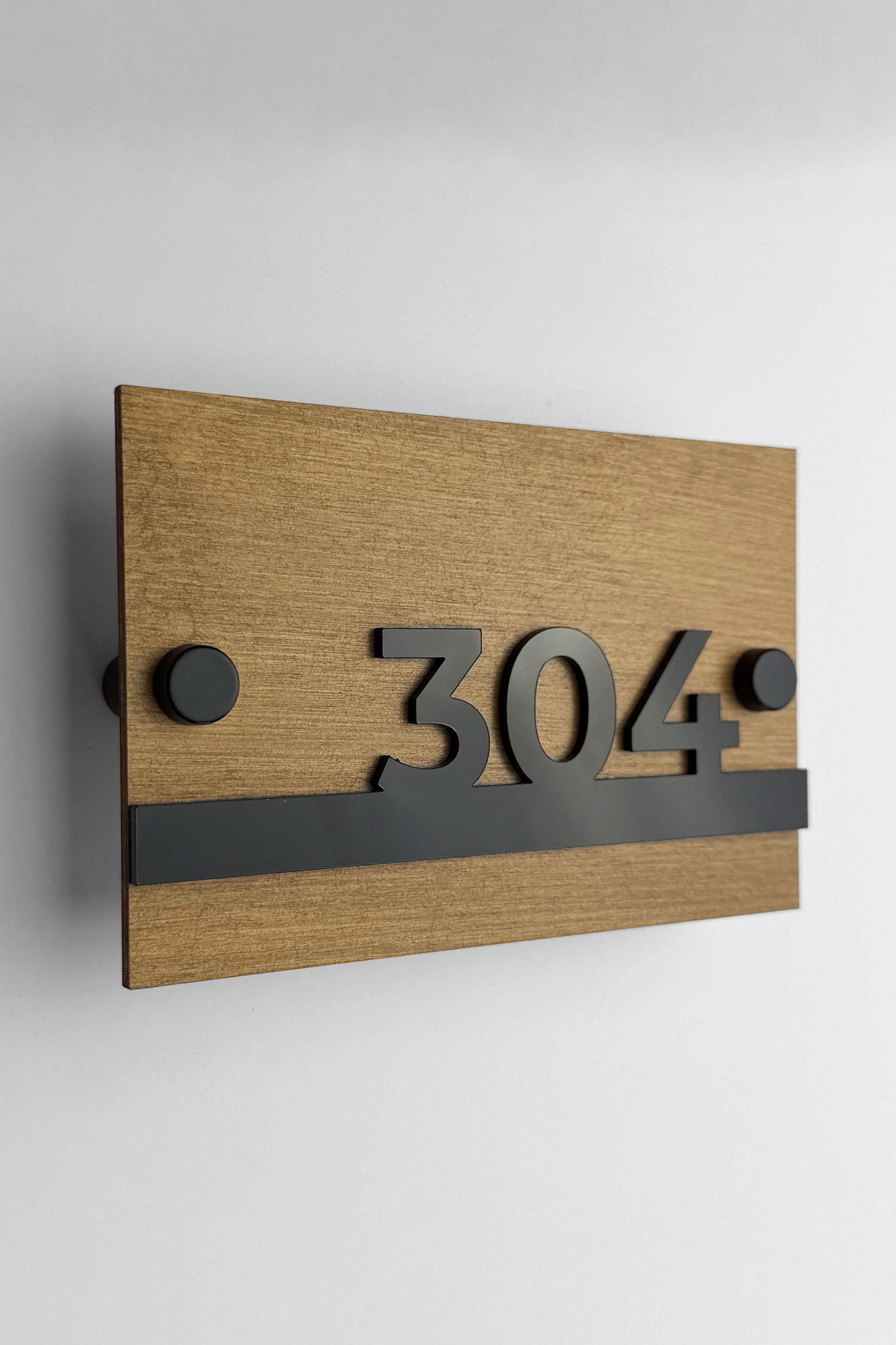 Wooden standoff apartment door number sign Horizon Design by ALUMADESIGNCO featuring natural birch plywood and raised acrylic numbers for modern apartment and hotel interiors