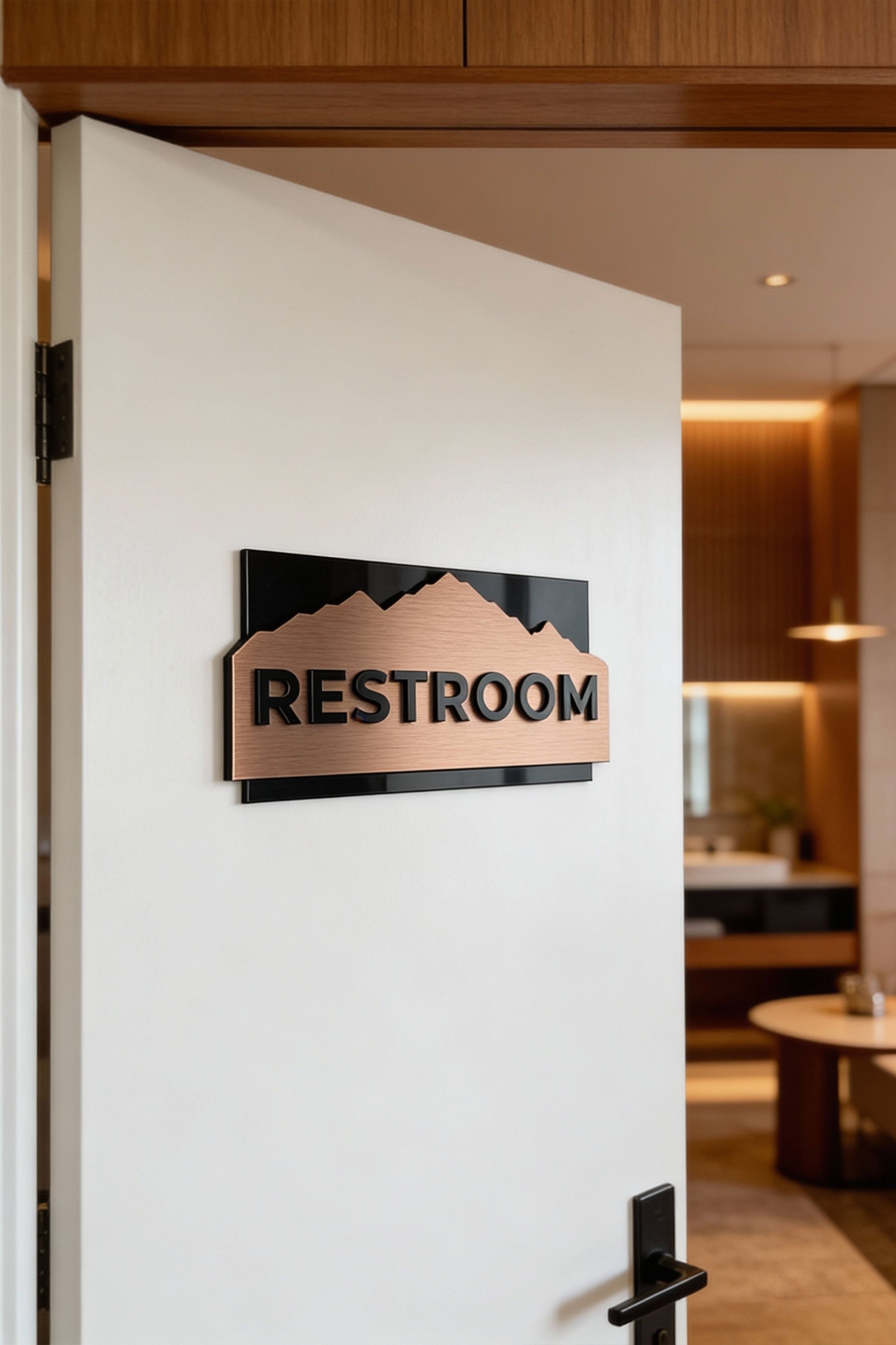 ALUMADESIGNCO custom interior door sign with brushed bronze plaque and black acrylic lettering, modern signage for offices, hotels, apartments, and contemporary interiors