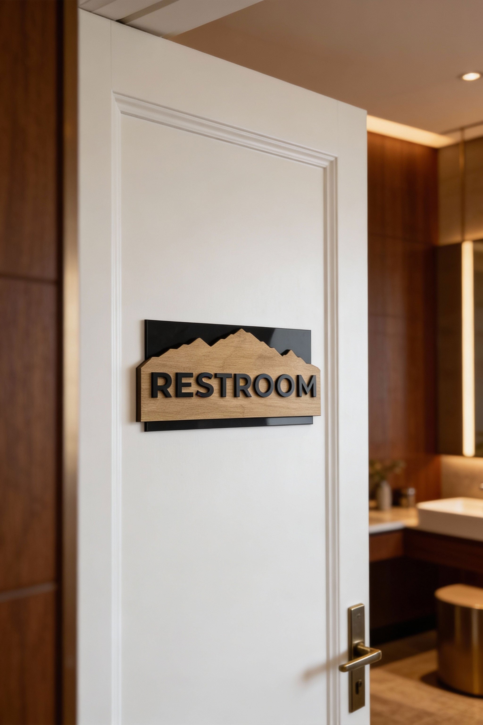 ALUMADESIGNCO custom birch wood and black acrylic wall door sign with minimalist modern design, premium signage for offices, apartments, and hotels