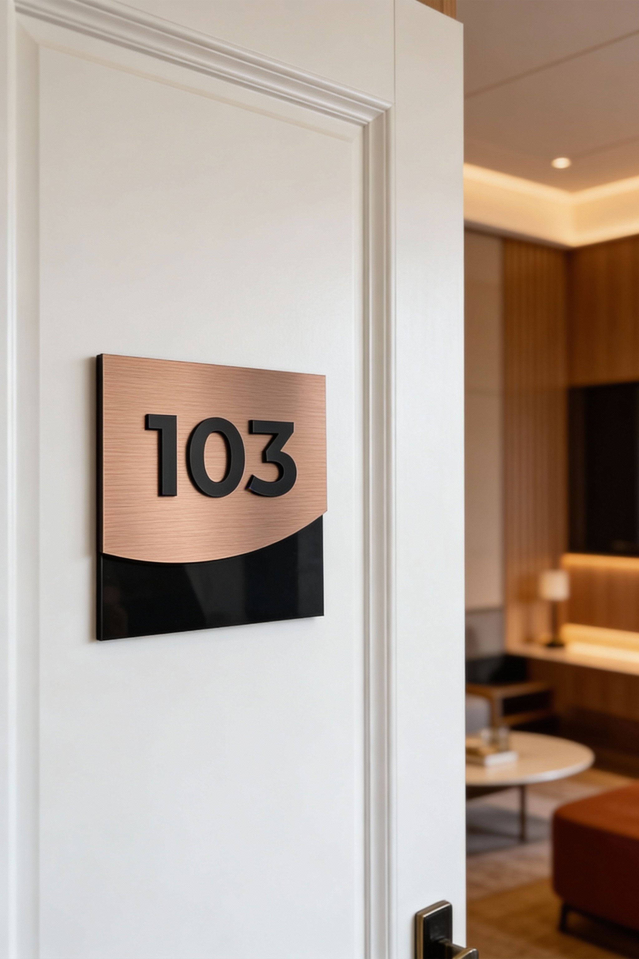 ALUMADESIGNCO elegant 3D layered apartment door number sign with bronze metal plaque and black acrylic numbers, modern door signage for apartments, Airbnb properties, and offices