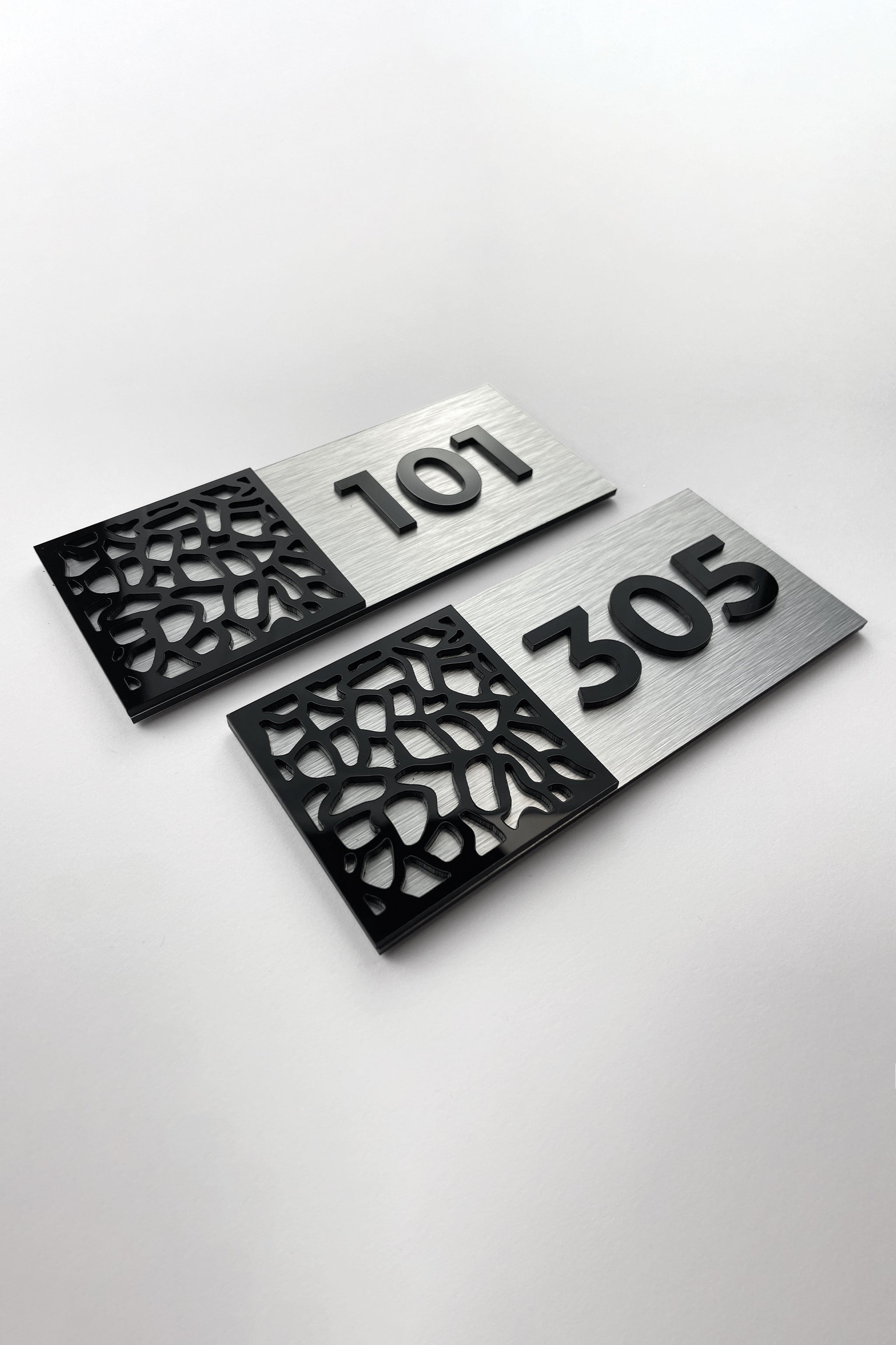 Modern room number plaque Mosaic Design by ALUMADESIGNCO featuring stylish materials and raised numbers, elegant door signage for hotel rooms and apartment interiors