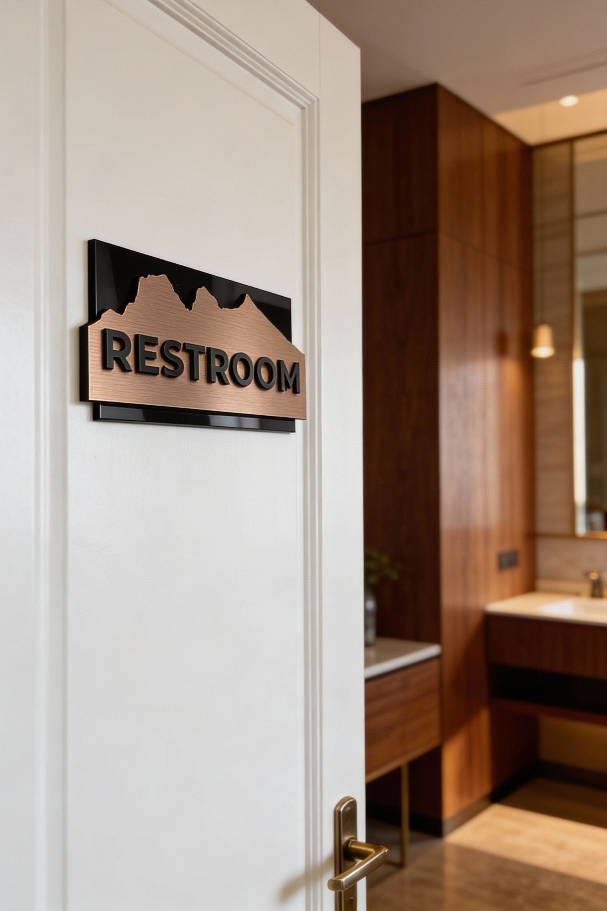 ALUMADESIGNCO custom brushed bronze door sign with minimalist modern design and 3D acrylic text, premium signage for offices, hotels, and apartments