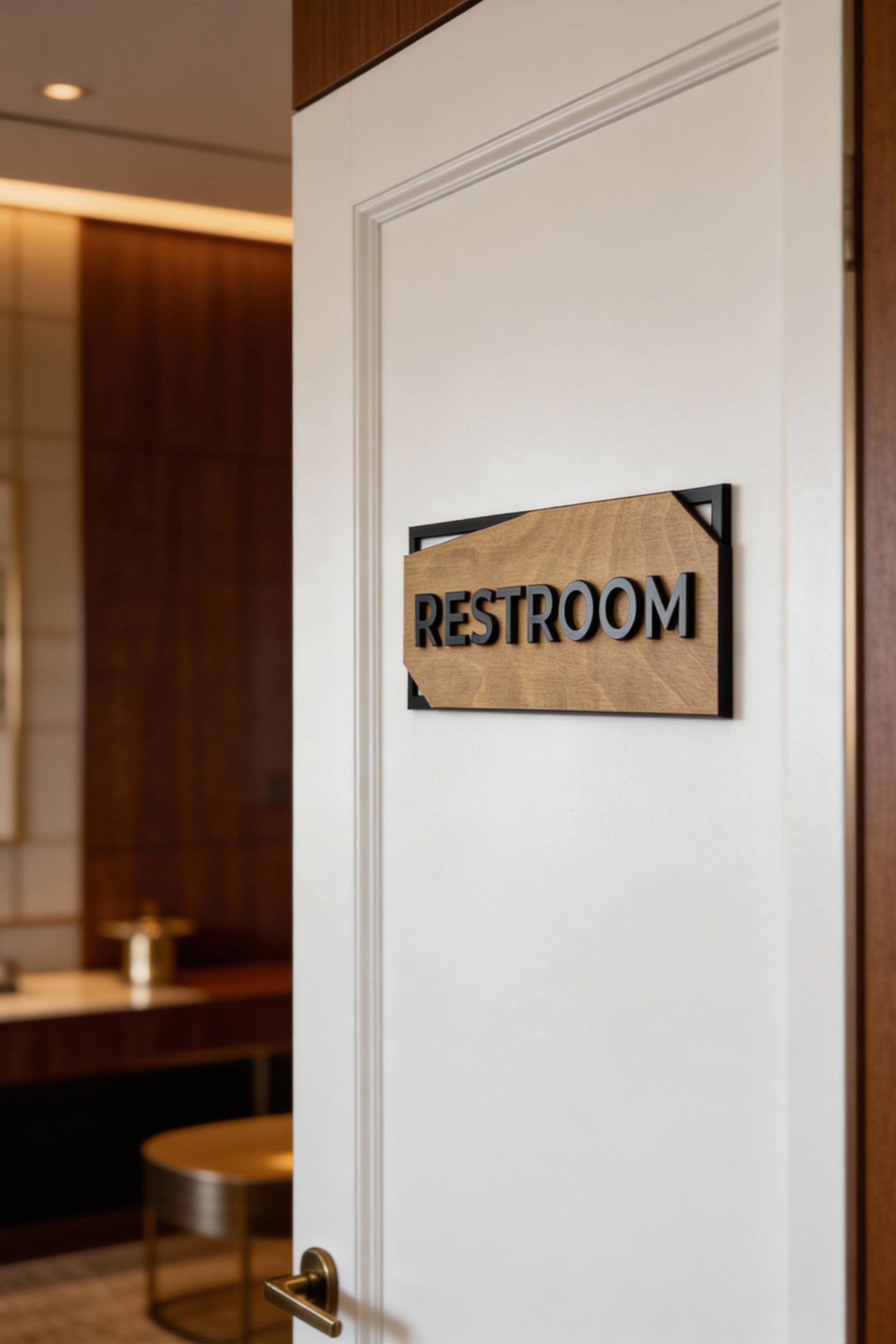 ALUMADESIGNCO custom birch wood and black acrylic door sign with clean minimalist design, premium signage for offices, apartments, and hotels