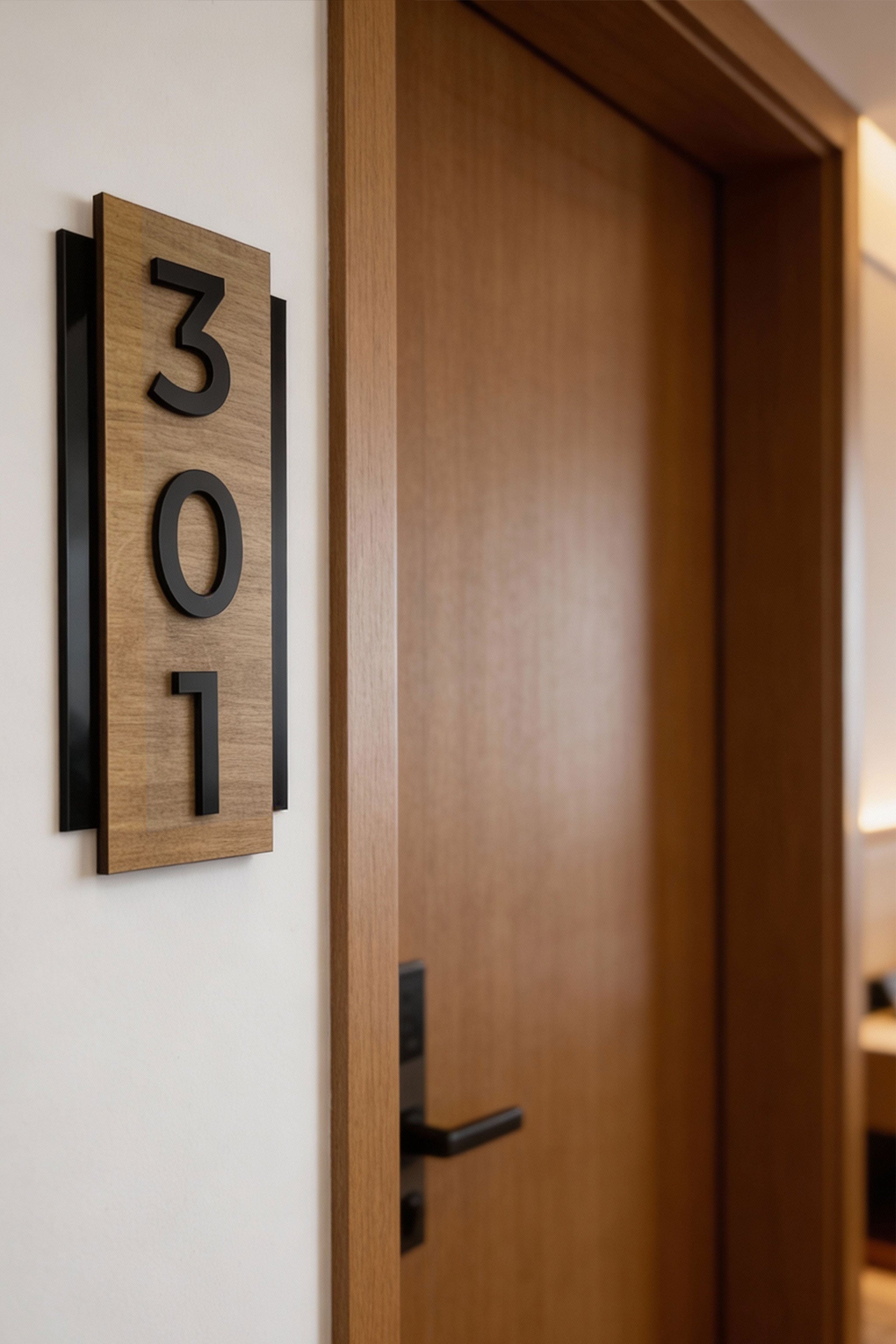 ALUMADESIGNCO vertical wood and acrylic hotel room number plaque with raised black acrylic characters, minimalist Scandinavian door signage ideal for boutique hotels and modern apartments