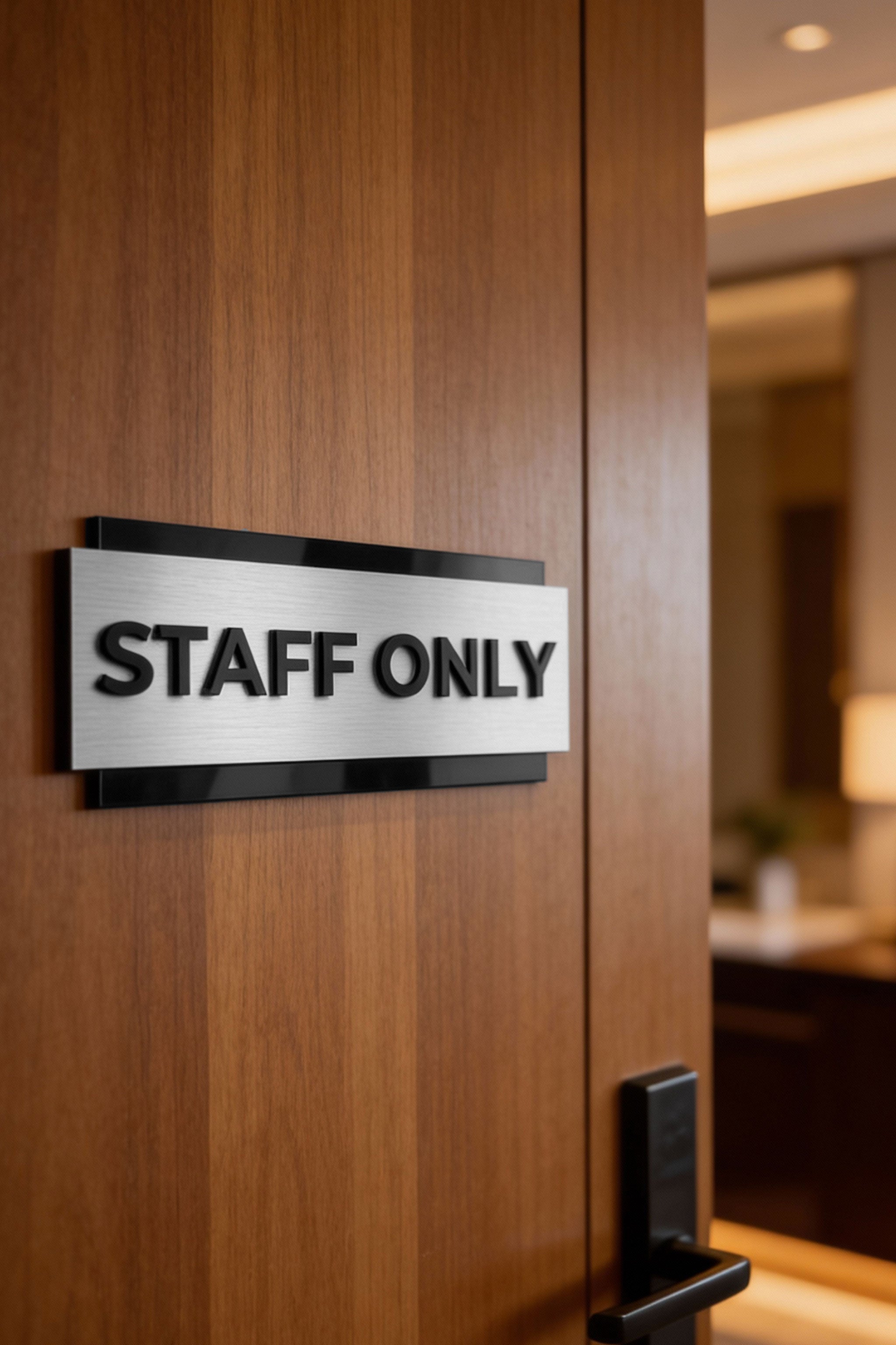 ALUMADESIGNCO elegant custom door sign with brushed silver metal plaque and black acrylic text, staff only office restroom signage for hotels, offices, and commercial interiors
