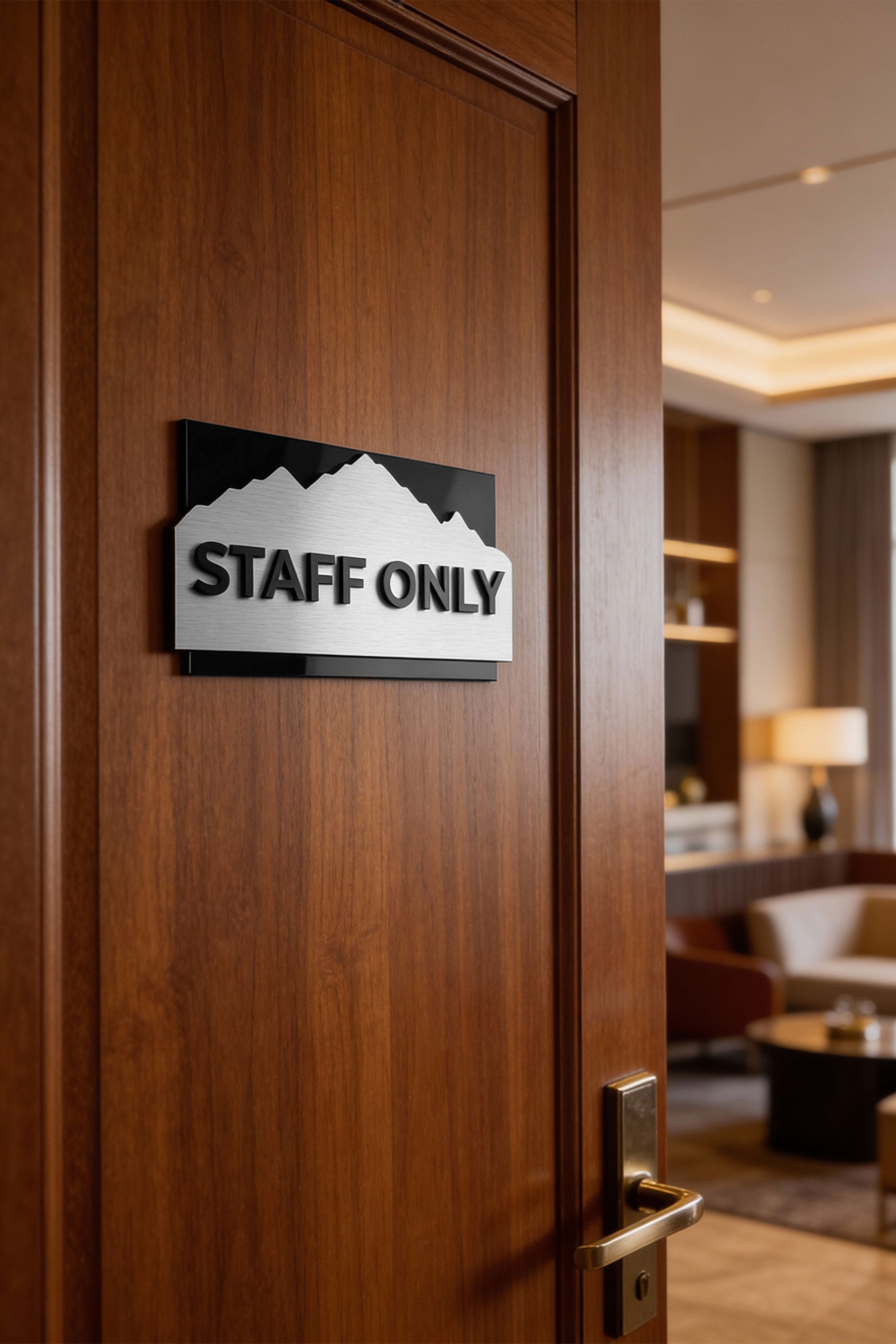 ALUMADESIGNCO Alpine Design 3D layered custom office door signage with raised acrylic text, modern signage for offices, meeting rooms, and interior spaces