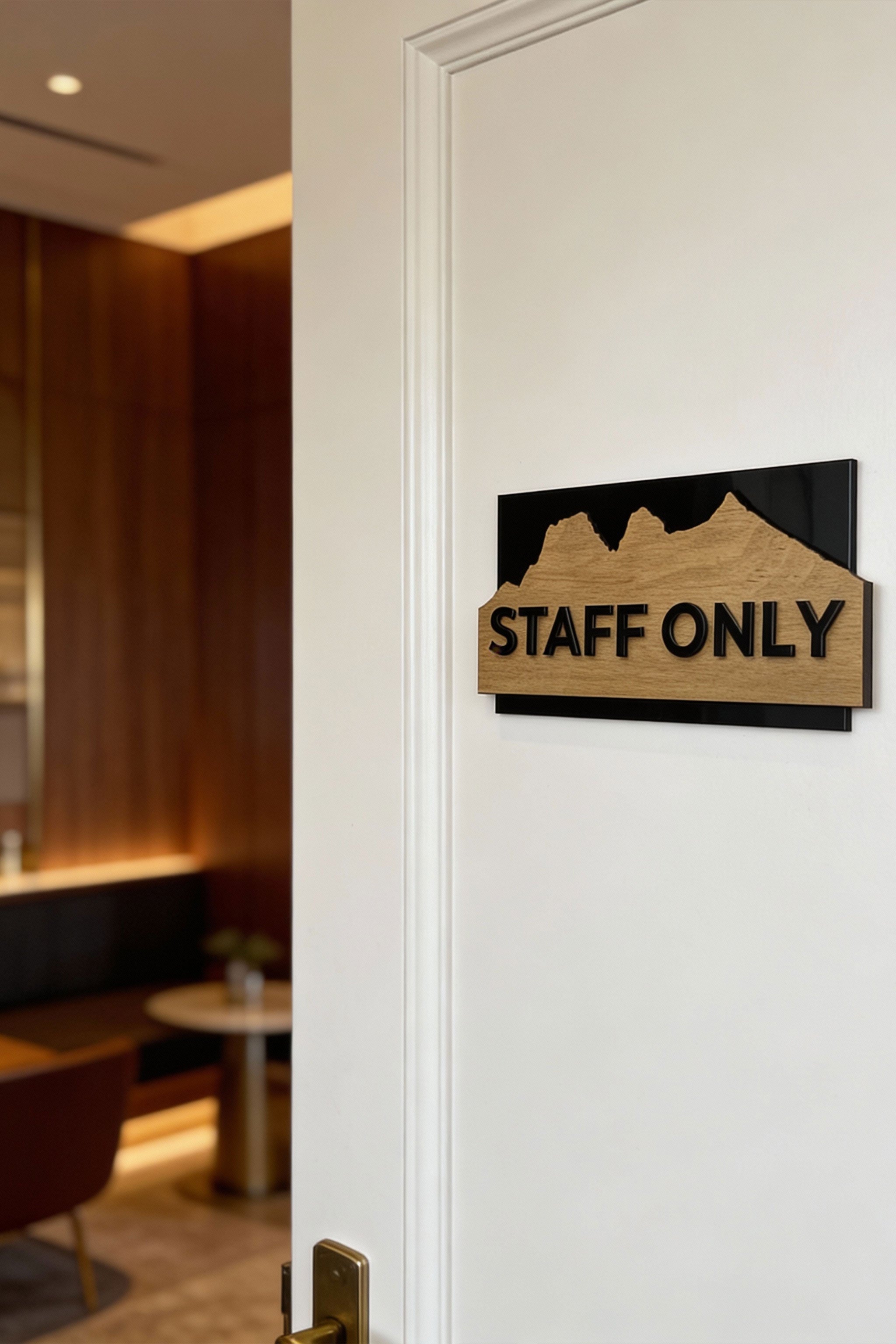 Premium Alpine custom wooden door sign by ALUMADESIGNCO featuring acrylic glass lettering, modern signage for office doors, hotel interiors, and homes
