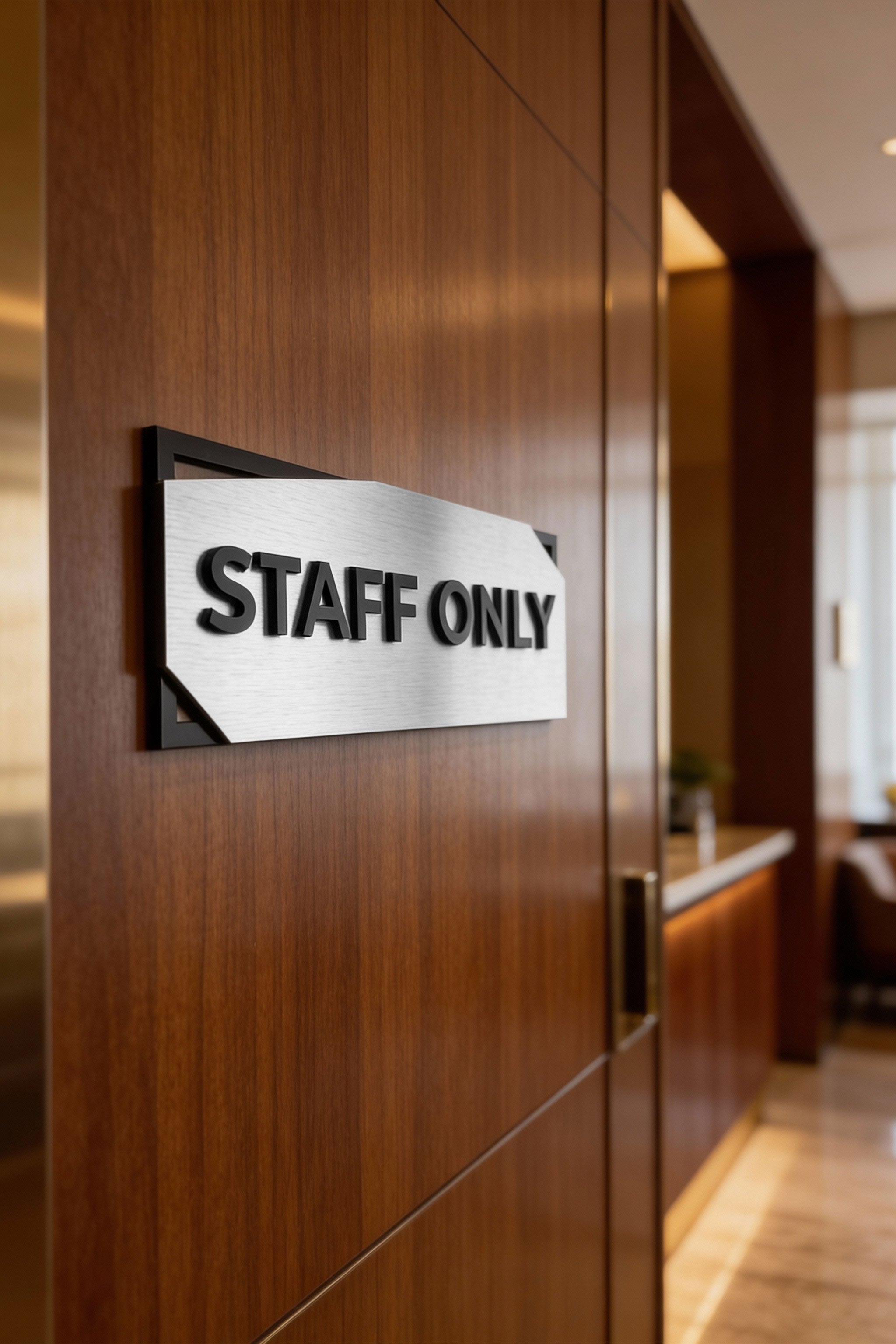 Modern office door sign by ALUMADESIGNCO combining layered materials and acrylic text, stylish signage for offices, studios, and contemporary interiors