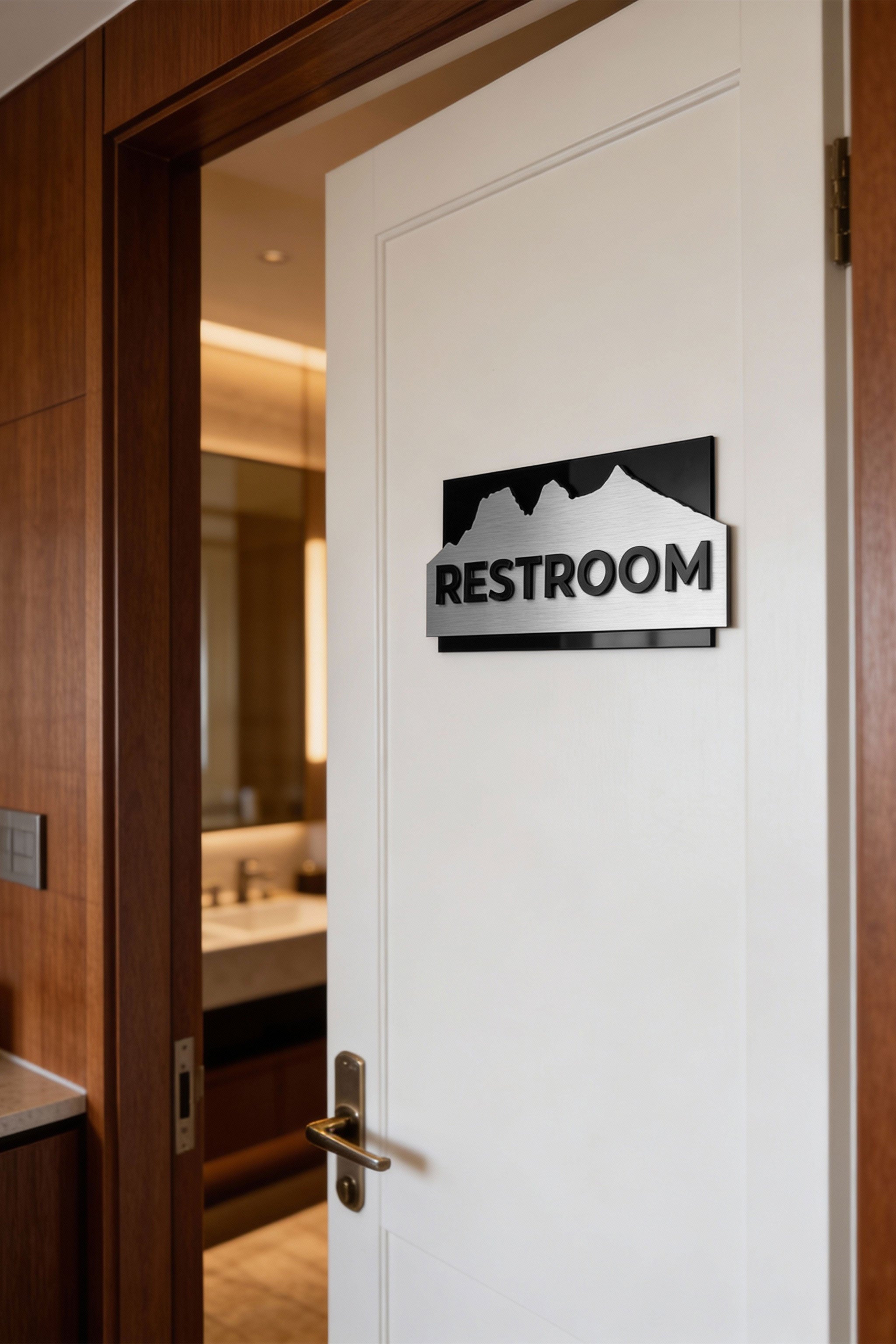 ALUMADESIGNCO custom Alpine door plaque with minimalist modern design, signage for staff only, office, restroom, and interior spaces in hotels and offices