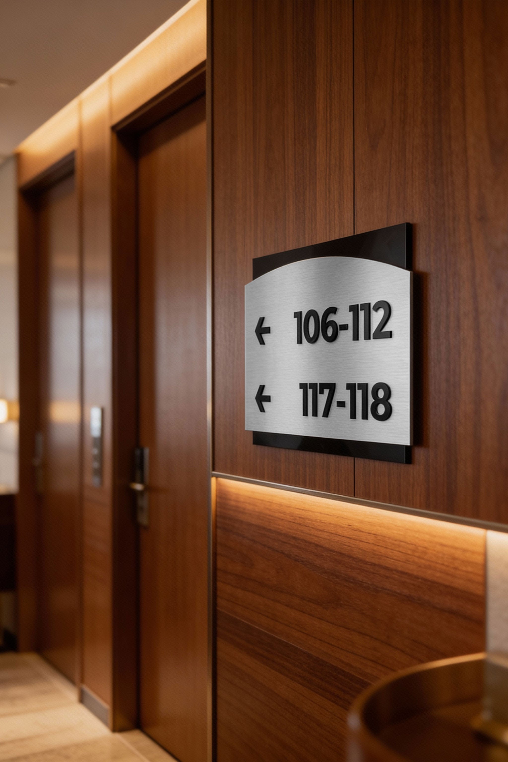 ALUMADESIGNCO Flow Design wayfinding sign with minimalist modern style, elegant directional signage for offices, apartments, hotels, and interior spaces