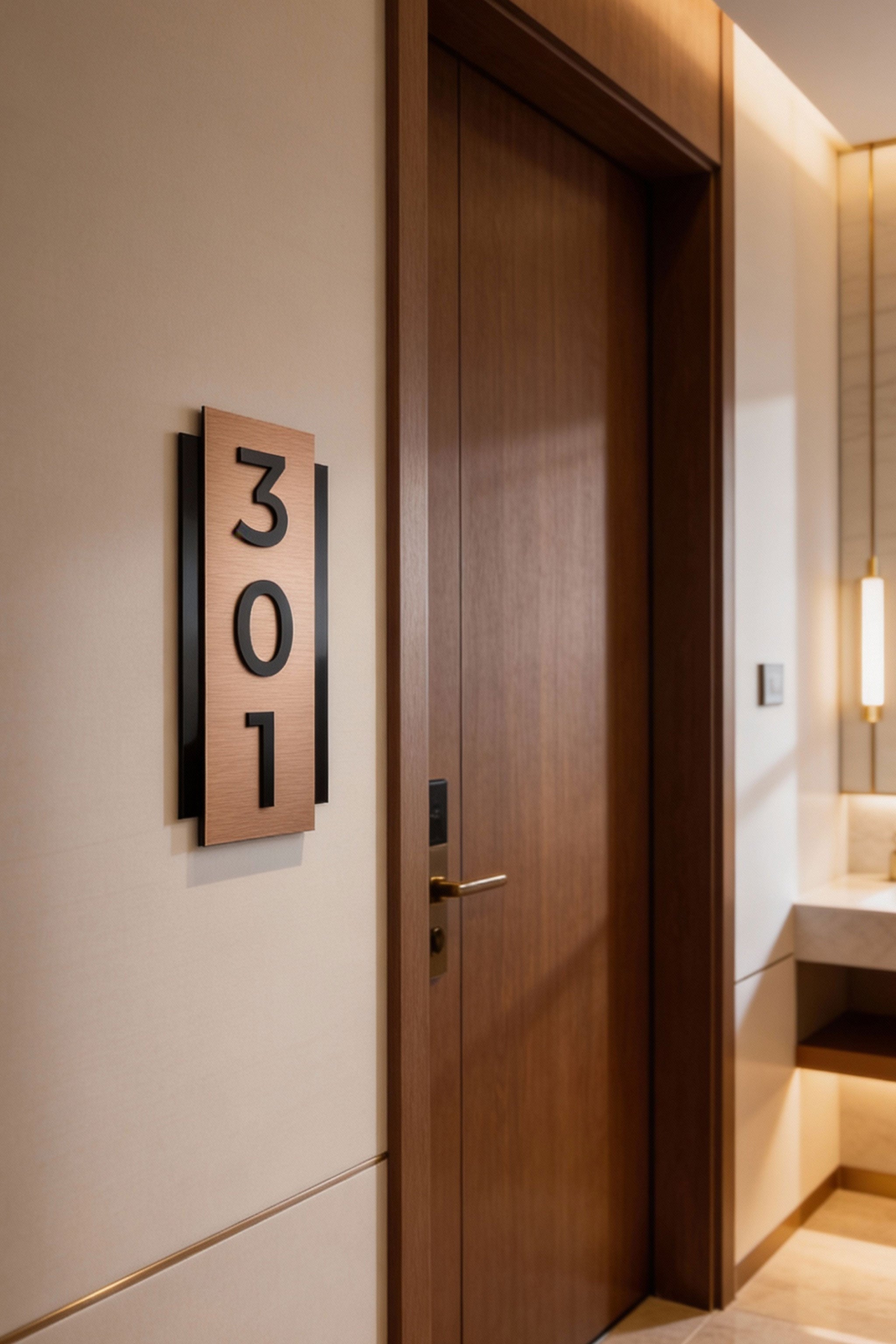 Premium vertical room number sign by ALUMADESIGNCO with brushed bronze metal plaque and raised acrylic glass numbers, modern hotel signage for boutique hotels and office interiors