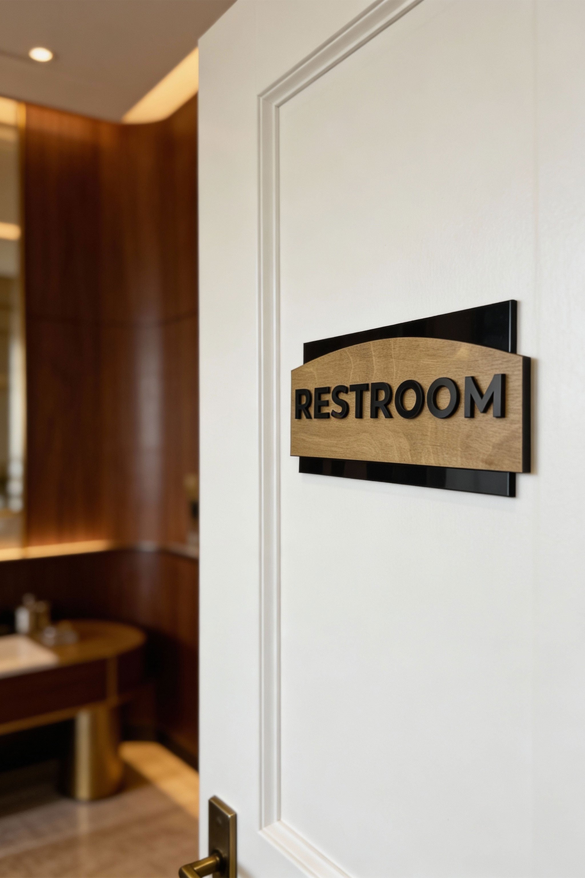 Modern designer door sign by ALUMADESIGNCO combining birch wood finish and black acrylic text, stylish custom plaque for interior doors